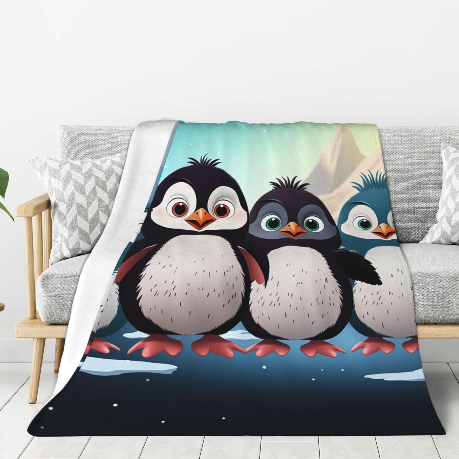 Five Cute Penguins Throw Blanket Plush Flannel Fleece Blanket, Soft Lightweight Cozy Blankets 80"X60" for Bed Couch Sofa Travel