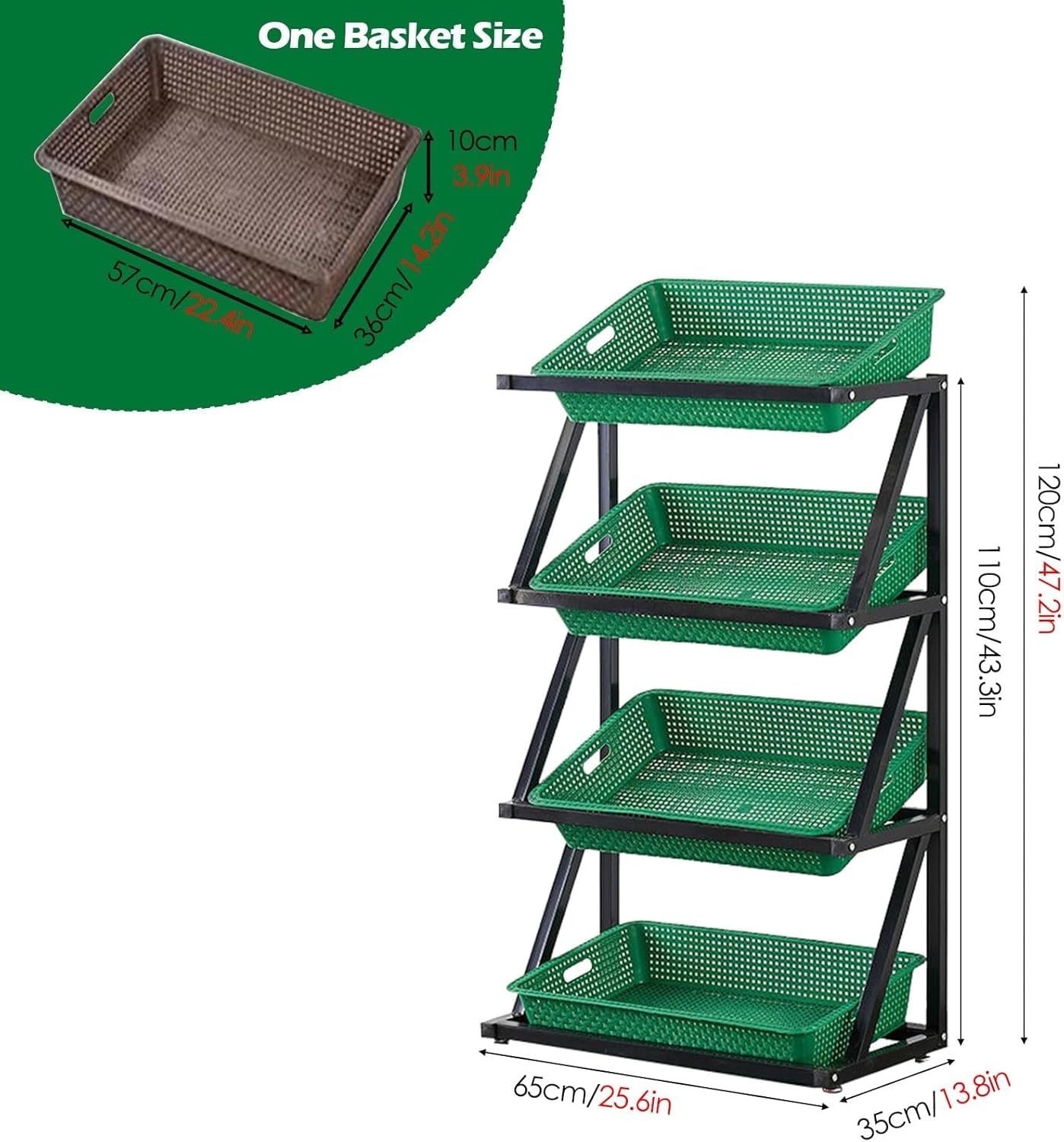 Espositore per Negozi, Grande scaffale per Mercato, Cestino della Spesa, scaffale per Alimenti e Patatine Fritte per minimarket e cucine (Verde, 65x35x110 cm / 25,6x13,8x43,3 Pollici)