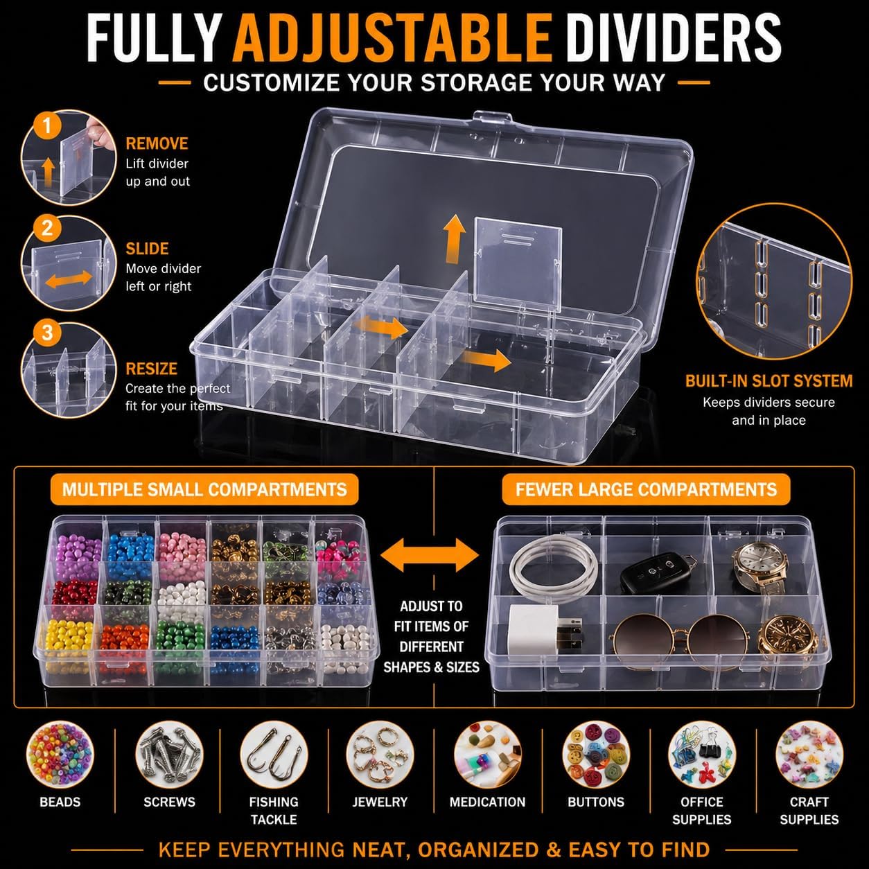 Clear Plastic Organizer Box Set (4 Pack) – Adjustable Dividers, Multi Size Storage Containers for Crafts, Beads, Fishing Tackle, Jewelry, Screws, Medication