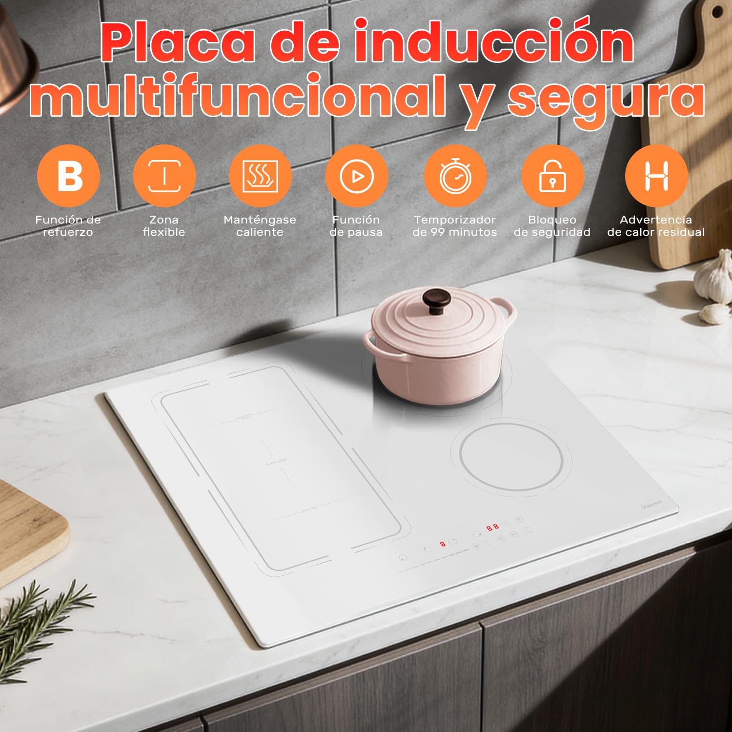 Placa Inducción 4 Fuegos, Vitroceramica Induccion Blanca de 60 cm Empotrable, Flexible, 9 Niveles de Potencia, 3500W, Función de aislamiento Boost, Temporizador, 220-240V | Flexzone, Booster, protección para niños, temporizador, función de pausa, 60 cm, 3