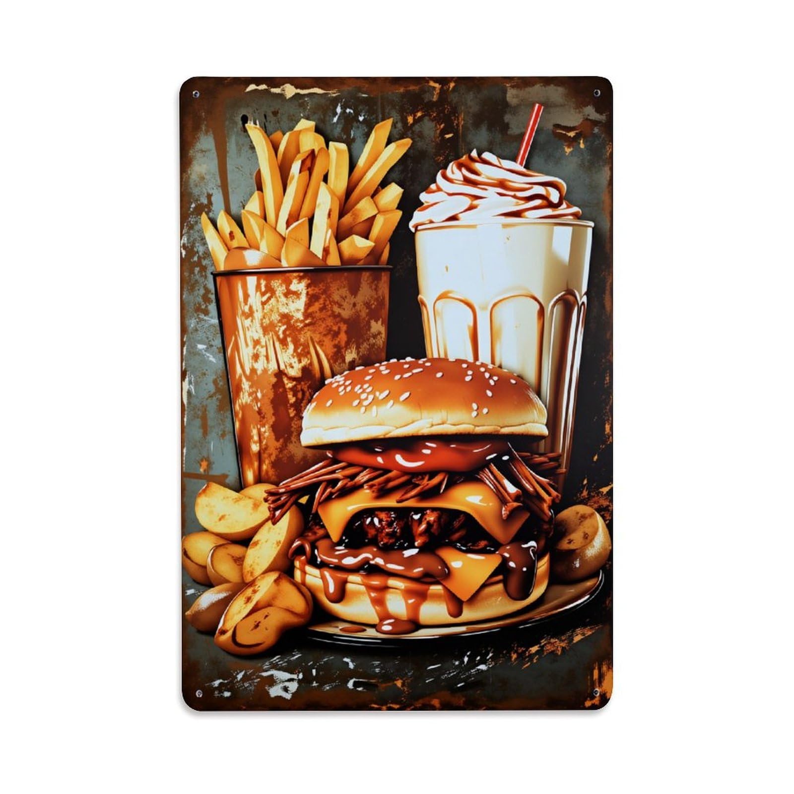 Burger Fries Shake Sauce Potato Tin Sign Vintage Metal Poster Retro Bar, Home, Man Cave, Kitchen, Laundry Room Wall Art Decor Gift 8x12 Inch