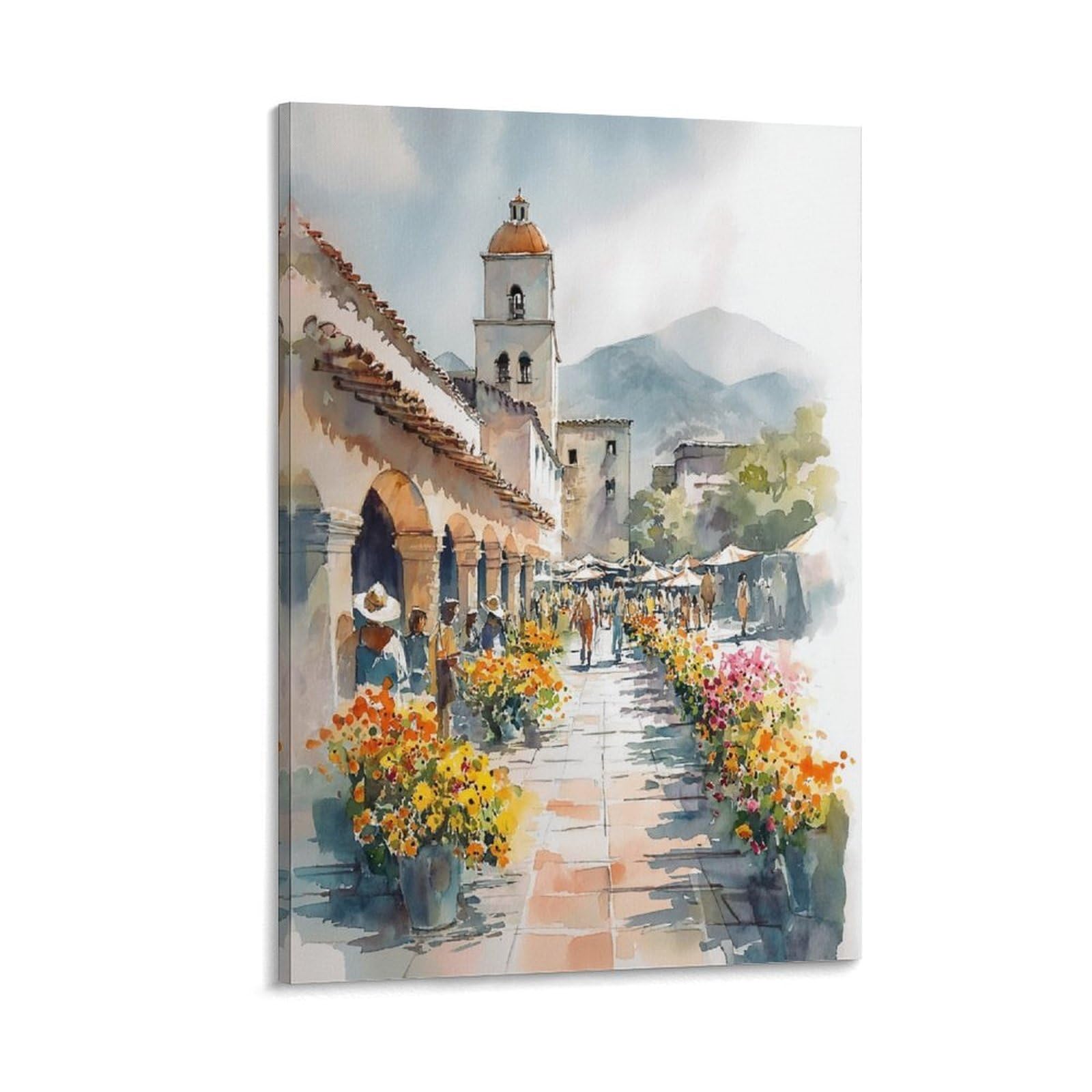 XWYMXZ Puerto Rico Flower Market 24x36inch(60x90cm) Vintage Travel Poster Watercolor Canvas Art