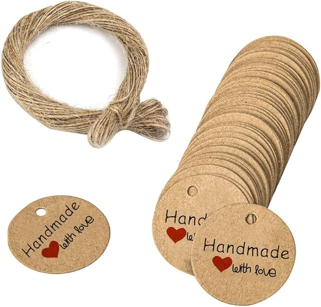 HUIMALL 150 PCS Kraft Paper Gift Tags Handmade with Love Tags Round Tags DIY Name Tags White Gift Tags Favour Tags Craft Card Tags Wedding Labels Round Hang Tags with String for Luggage Crafts