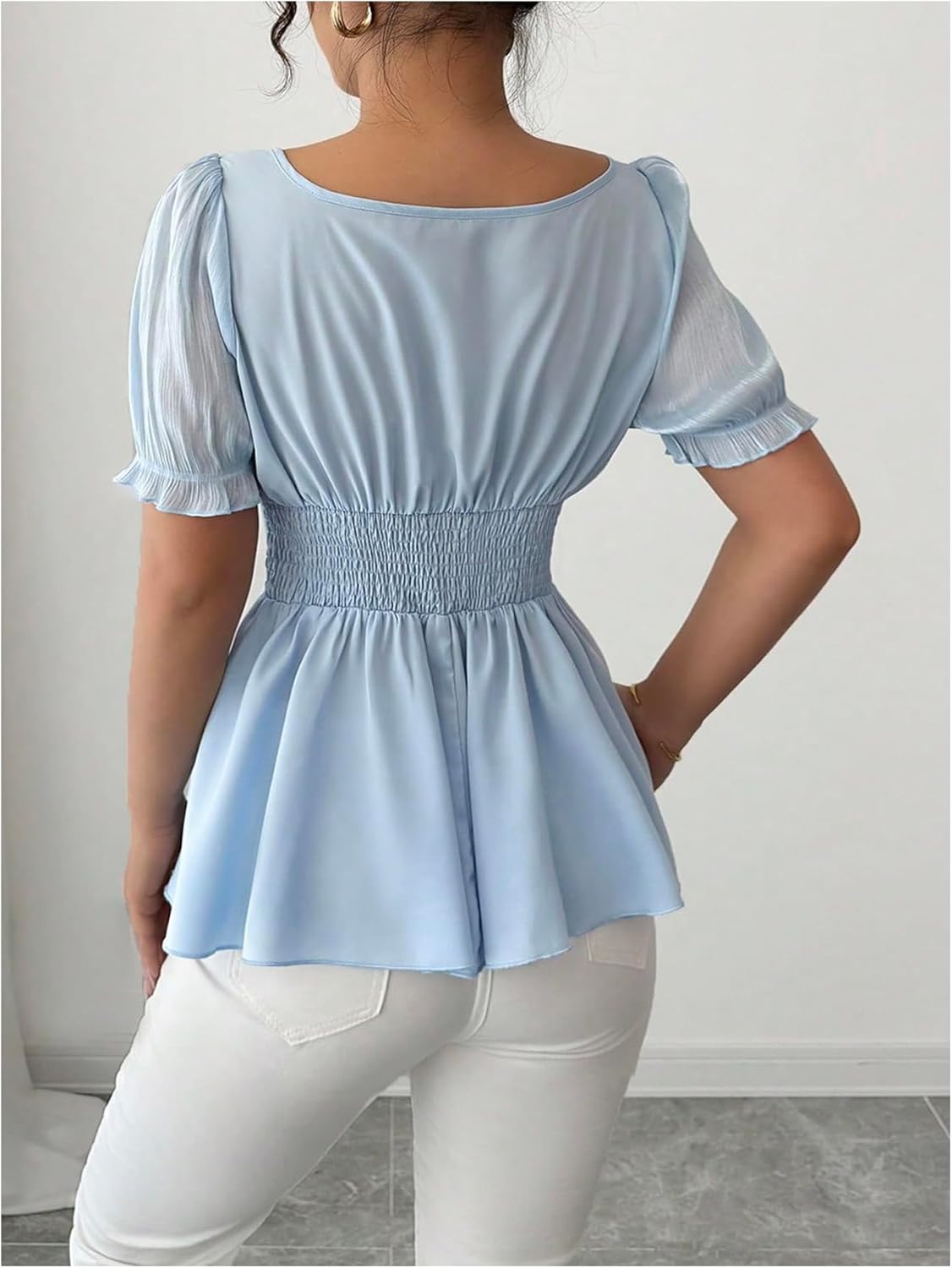 Floerns Women's Elegant Blouse Tops Puff Sleeve Ruched Bust Ruffle Dressy Casual Peplum Top - Image 3