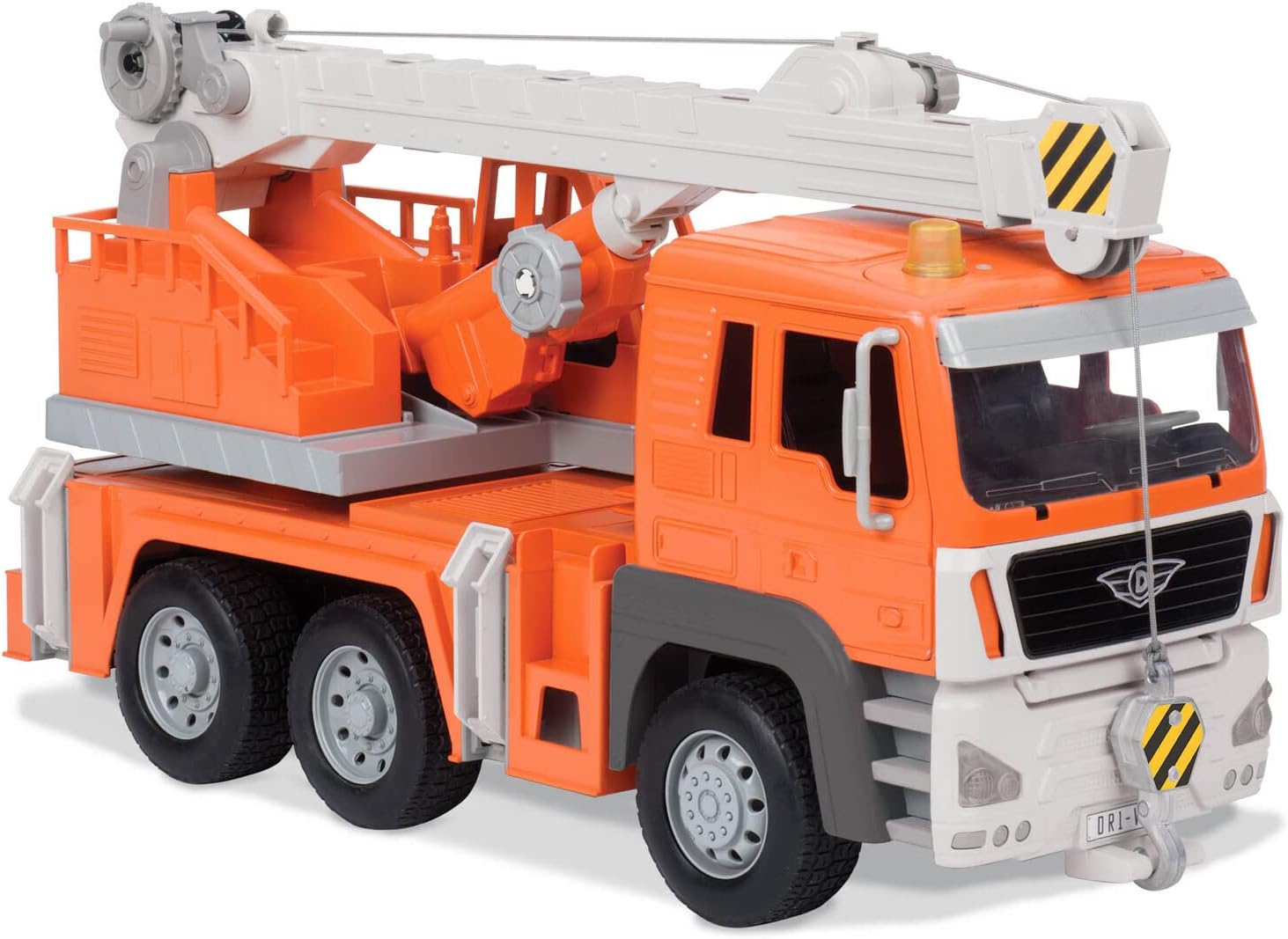 Driven by Battat - Large 18 Inch Orange Crane Truck Toy for Kids – Lights & Sounds, Movable Boom Arm, Extendable Hook – Construction Vehicle Toy – 3+ Years