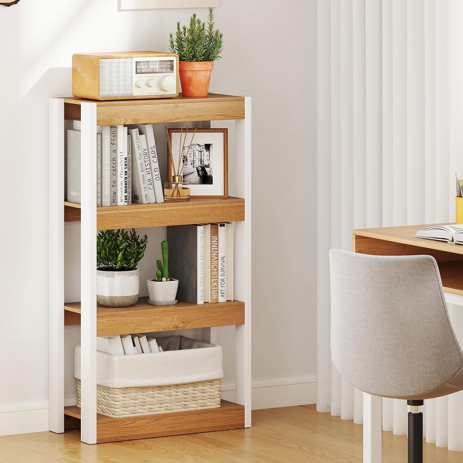 Giantex 4-Tier Bookshelf, Wooden Bookcase with Dual Anti-Tipping Kits, Freestanding Shelving Unit, Modern Storage Organizer, Open Display Rack for Living Room, Bedroom, Study (1,Natural & White)