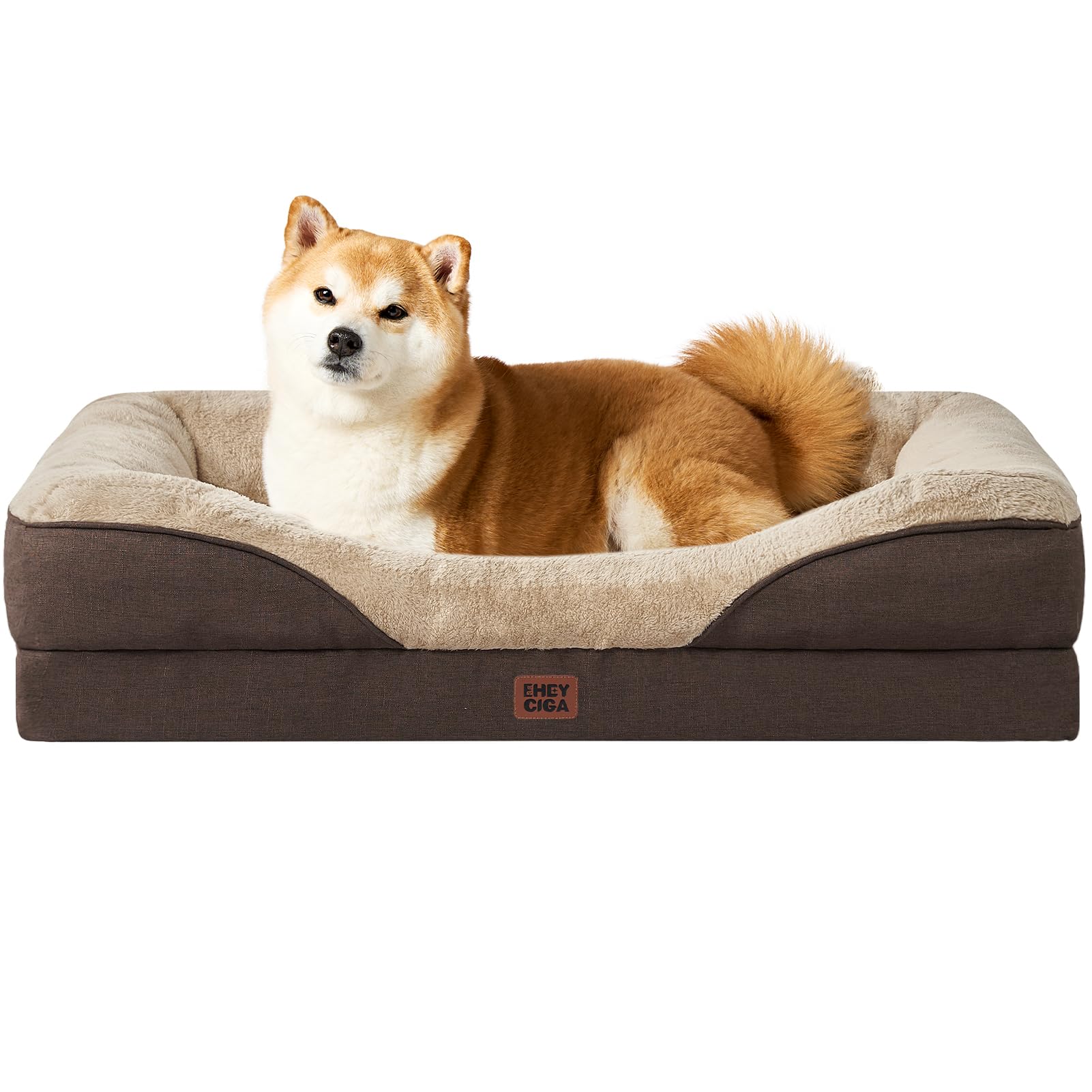 EHEYCIGA Orthopedic Dog Bed for Large Sized Dog, 36x27x7 Inch Large Memory Foam Dog Couch Bed with Sides, Waterproof Liner & Washable Removable Cover, Bolster Pet Sofa, Brown