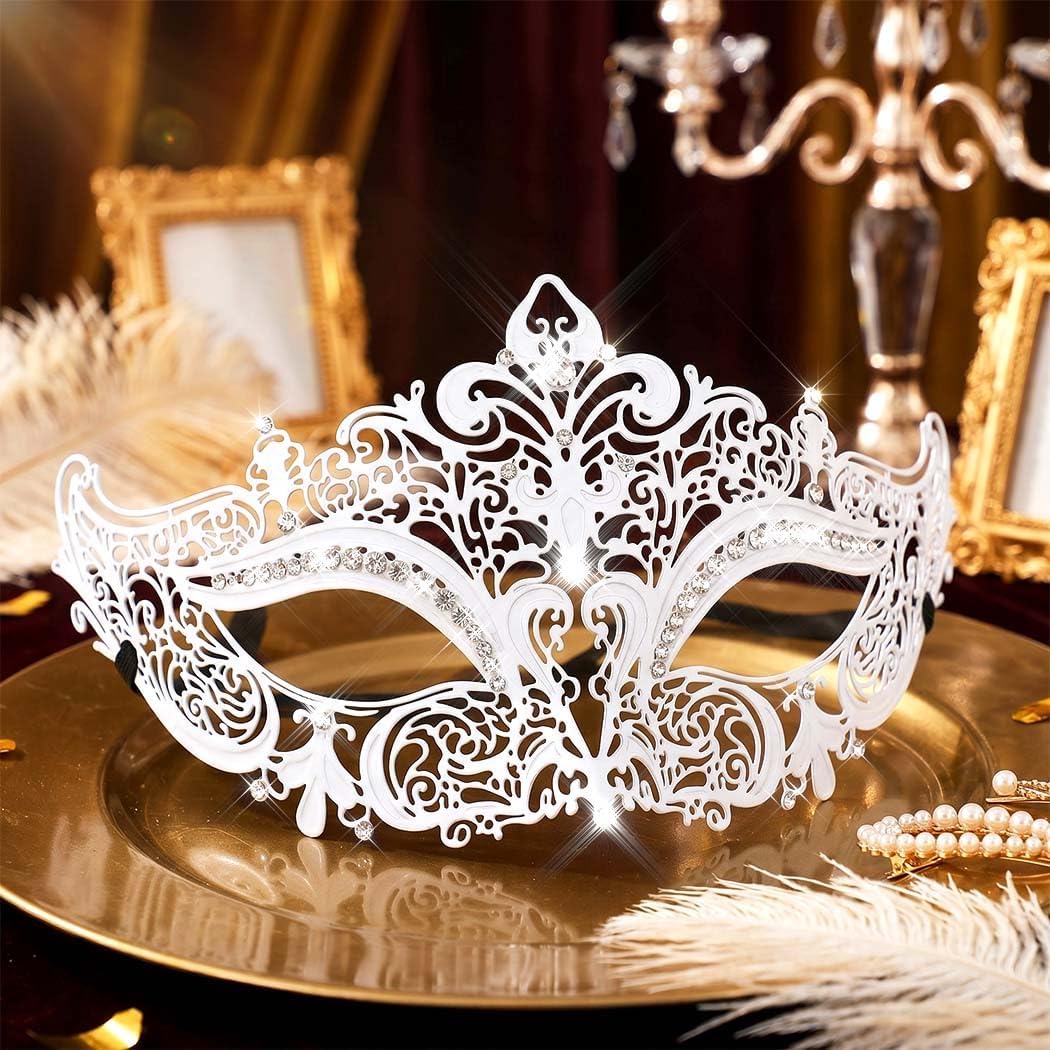 Campsis Masquerade Mask for Women White Masquerade Ball Mask Rhinestone Venetian Masks
