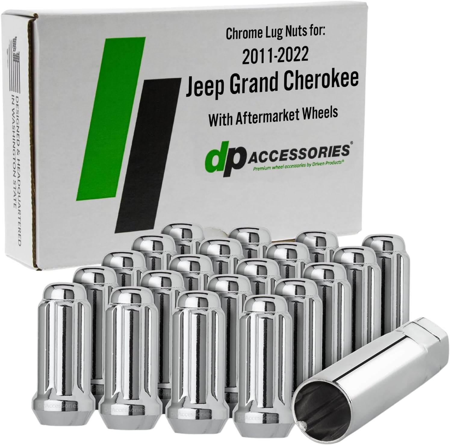DPAccessories Lug Nuts Compatible with 2011-2022 Jeep Grand Cherokee | Black Spline Style | Aftermarket Aluminum Wheels Only | Set of 20 Wheel Nuts & 1 Tool | DGCH04A-BK/1