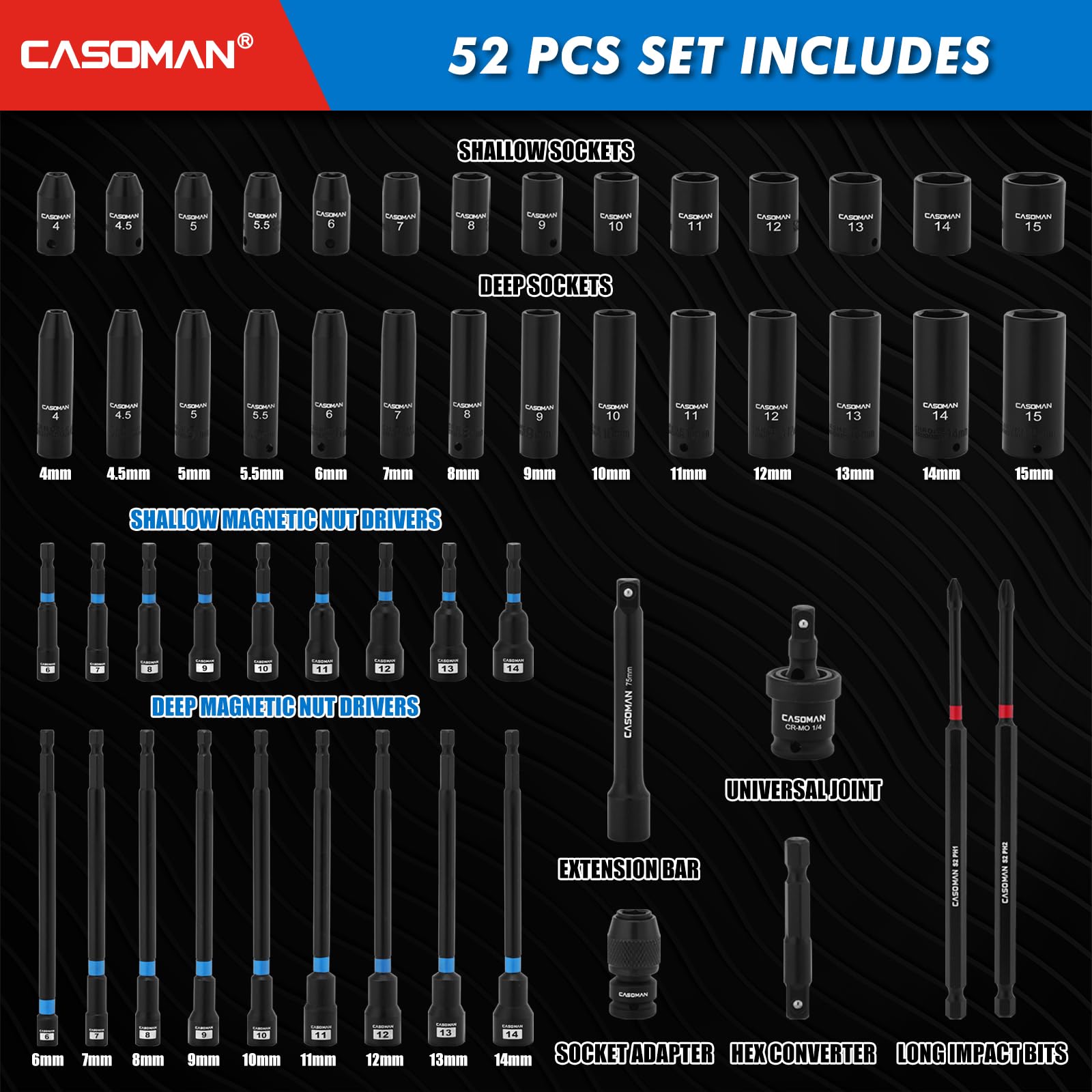 CASOMAN Set di 52 cacciaviti magnetici da 1/4" e bussole a impatto basso e profondo da 1/4", metriche, con adattatore, barra di estensione, giunto universale e punta a percussione lunga