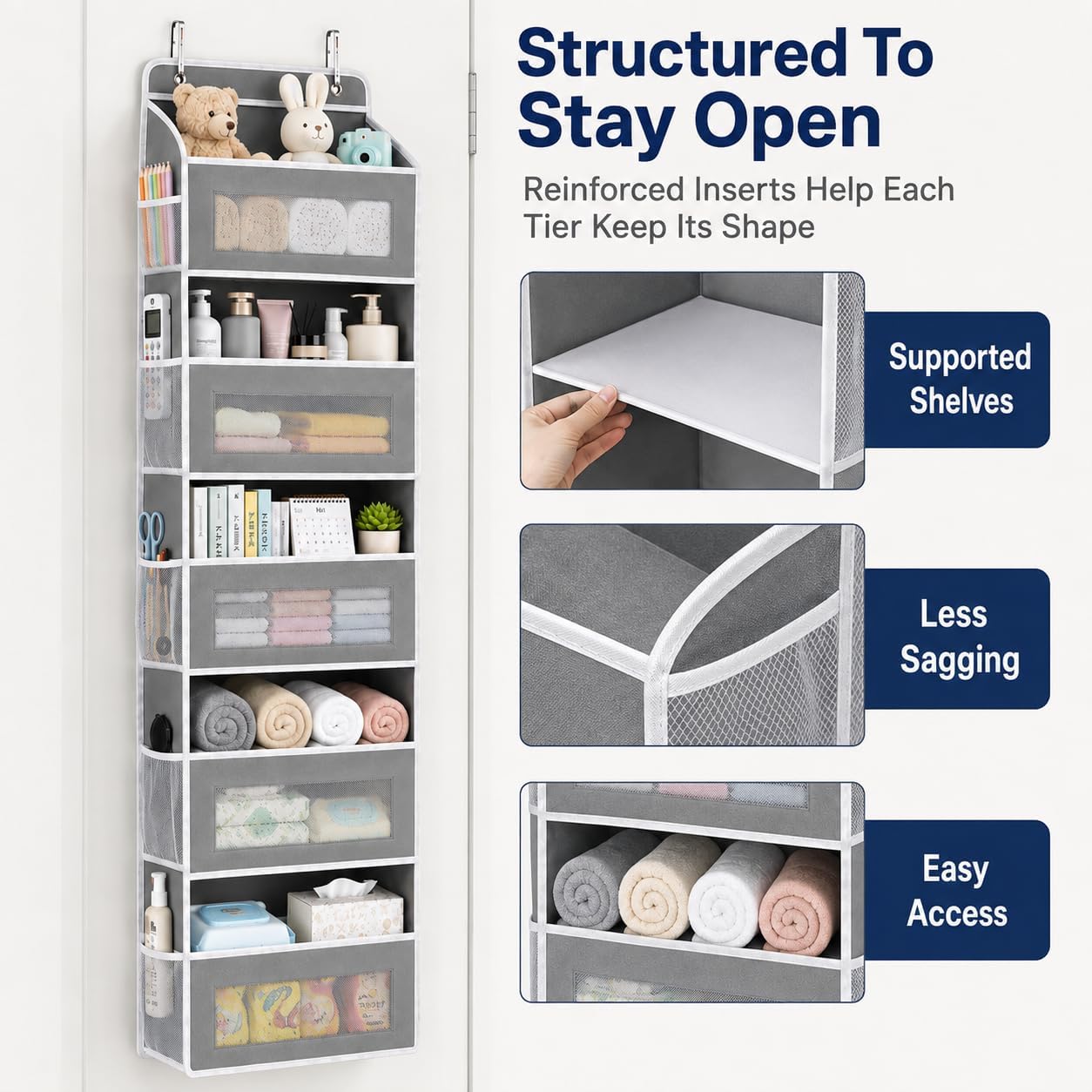 Over The Door Organizer, 5-Tier Hanging Storage with 5 Large Front Pockets & 5 Mesh Side Pockets, reinforced cardboard support, space-saving storage for nursery, kids room, bathroom, pantry & dorm