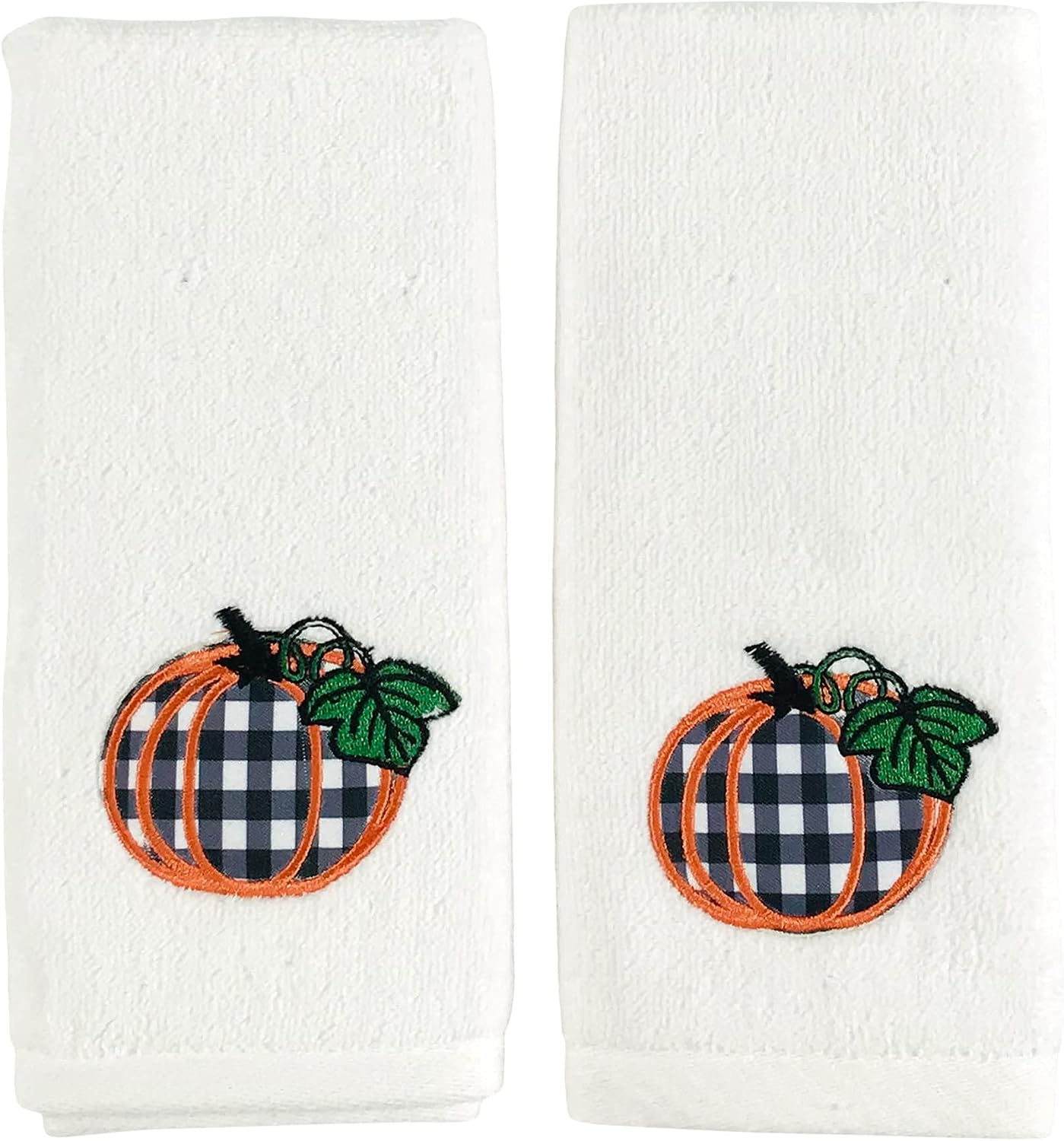Serafina Home Decorative Fall Decor Fingertip Towels: Embroidered Black White Gingham Pumpkin on Plush Ivory White, 2 Piece Set, 12" x 18" Inch Each (Plaid Pumpkin)