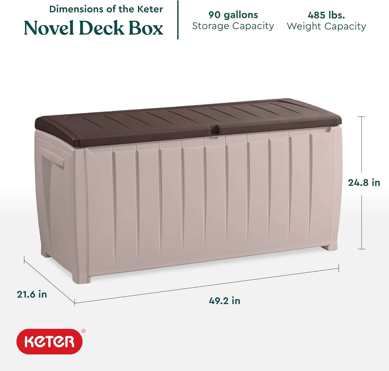 Keter Novel Plastic Deck Storage Container Box Outdoor Patio Furniture 90 Gal, Brown