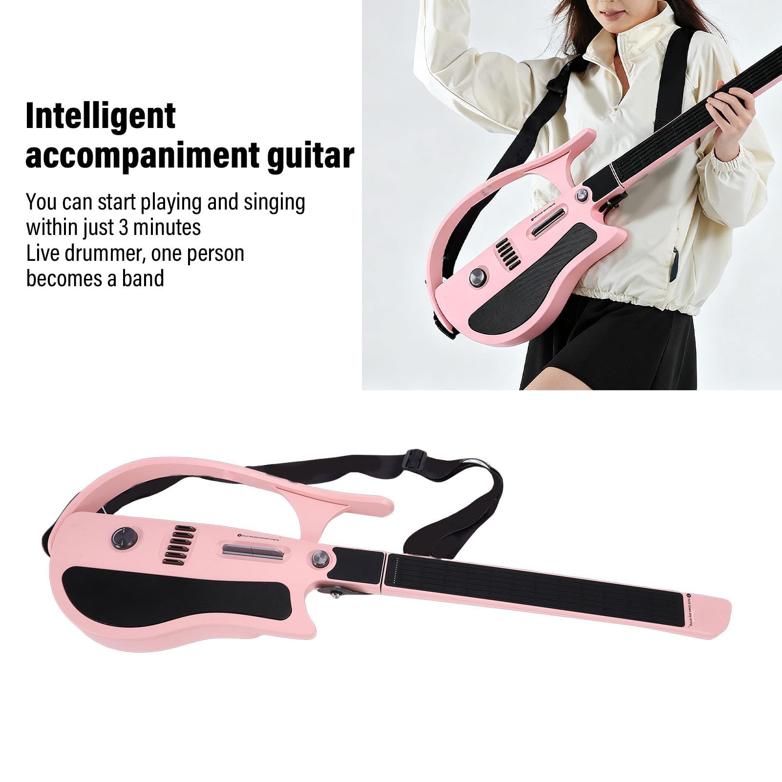 Luocute Chitarra Intelligente Senza Corde, Chitarra da Viaggio Pieghevole con App Fogli di Accordi Interattivi e Drum Machine Integrato per Principianti Adulti Adolescenti Rosa