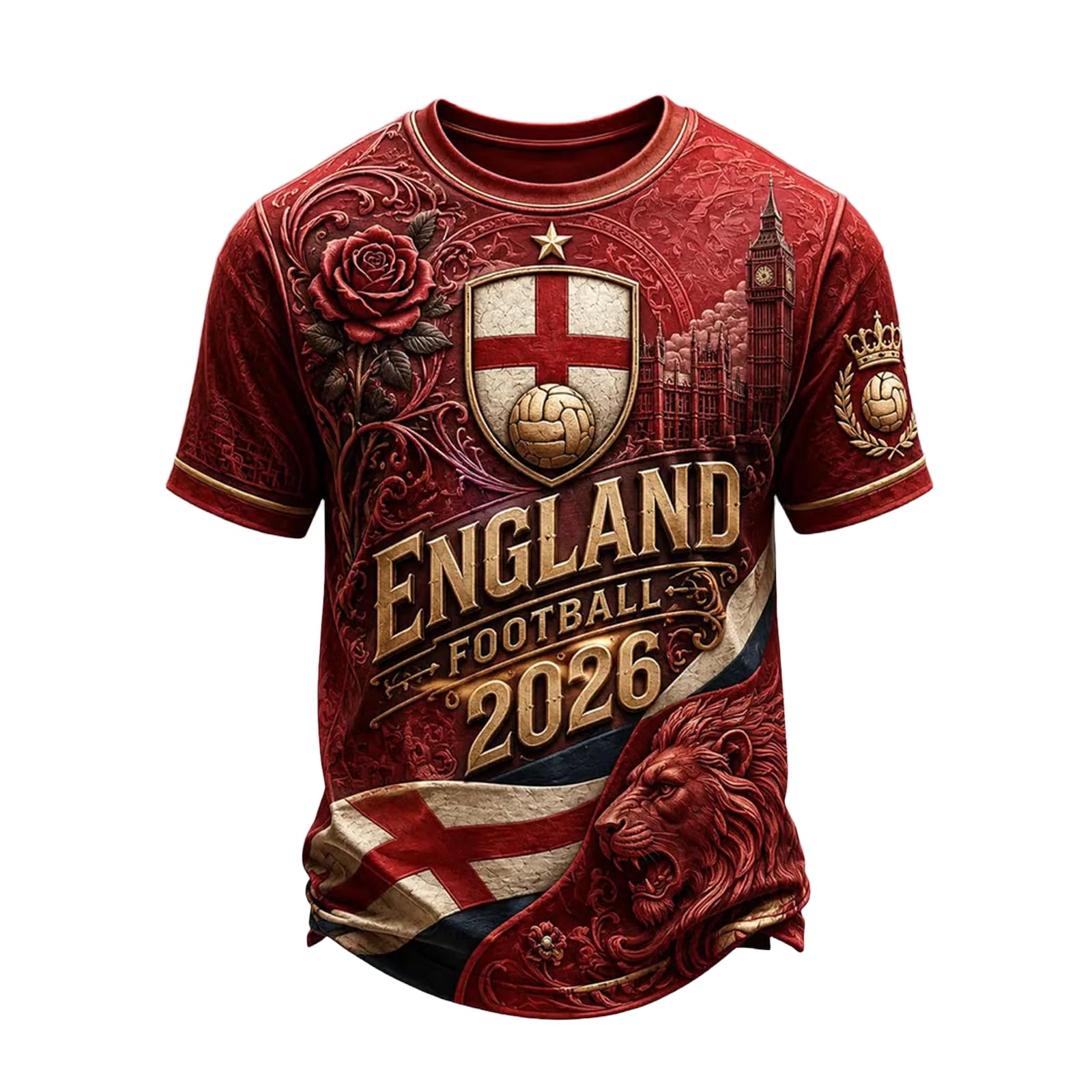 XOLTOAN Men’s England Football Shirt 2026 with Lion Print Short Sleeve Shirt for Supporters of Football Casual National Flag Print Shirts Outdoor Sports Top 2#Wine S