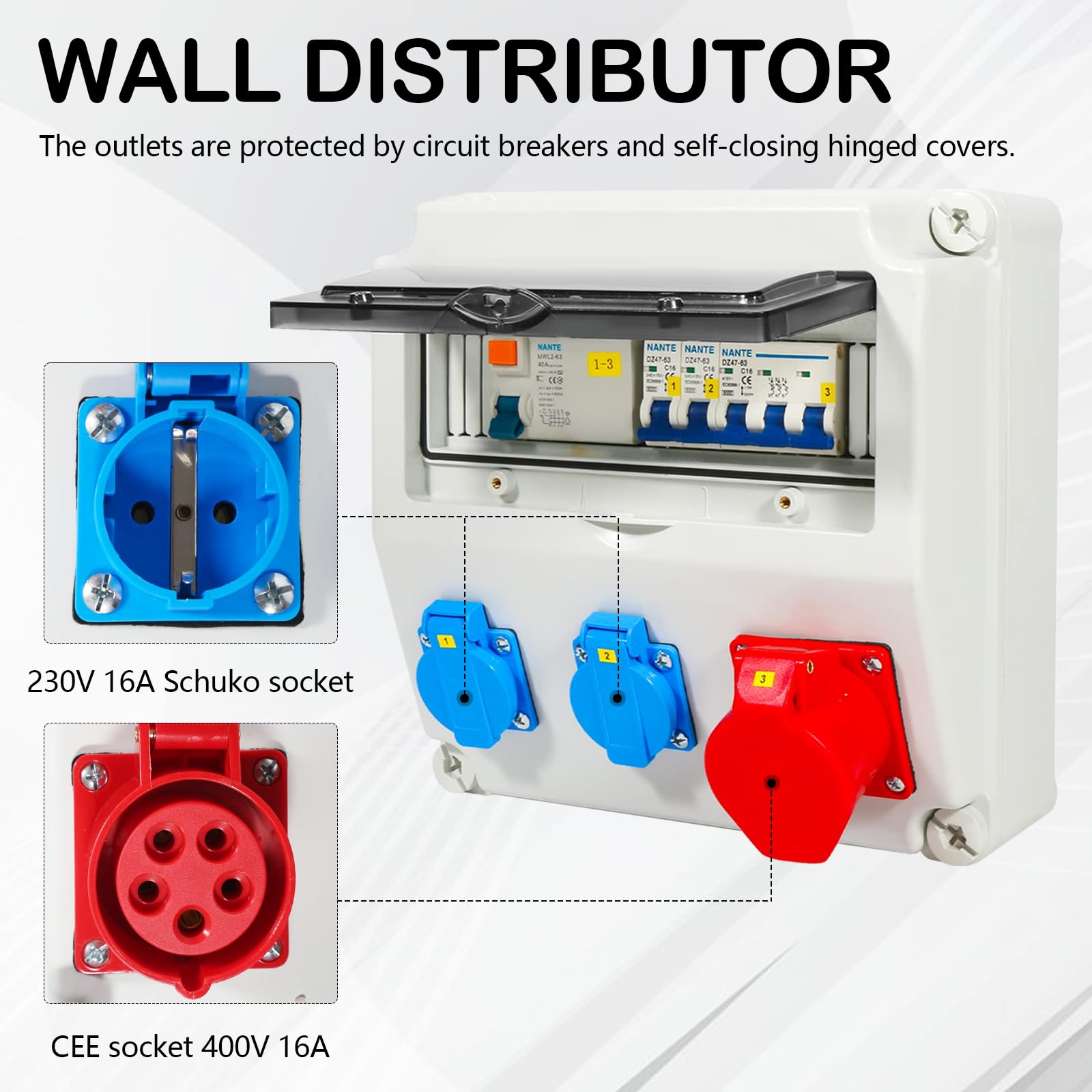 Caja Distribución Montada Superficie, Caja Fusibles Superficie Armario Distribución Ip65 con LS+FI Distribuidor de Corriente CEE 1 x 16 A + 2x 230 V con Tapa de Seguridad para Talleres y Fábricas