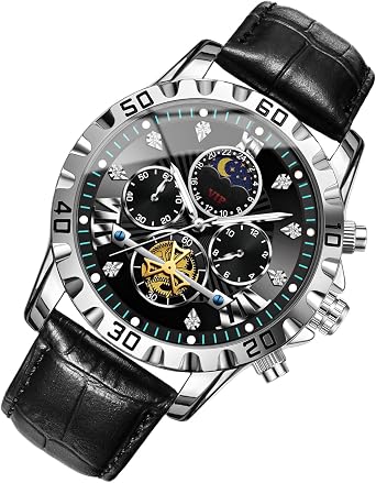 Waterproof Watch - Mens Glowing Moon Phase Timepiece Analog Dial Quartz Watch | Travel, Running, Camping, Business, Outdoor Events, Fashion Accessories, Durable Tempered Glass Mirror Watch, Black