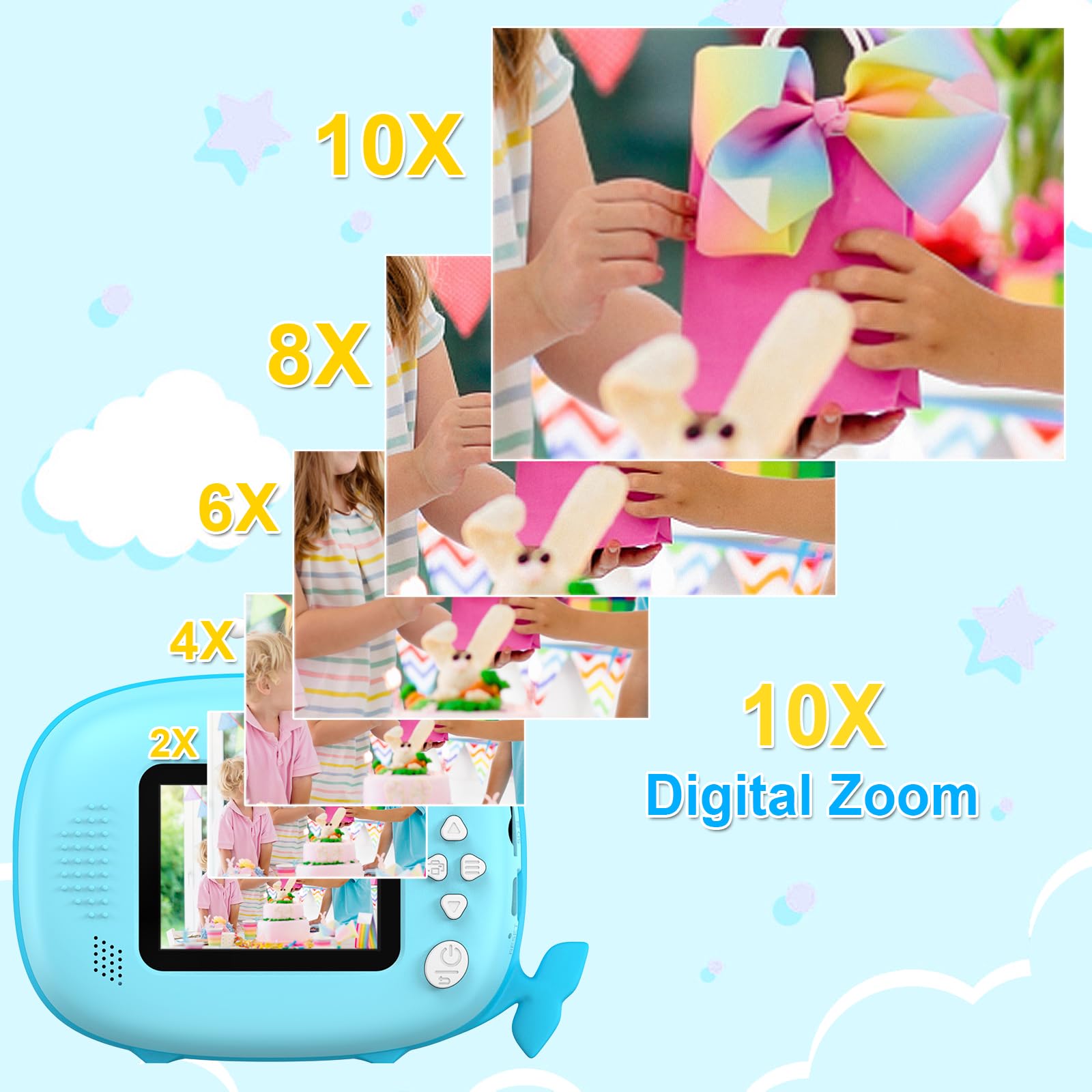 Ushining Camara Fotos Infantil Instantanea, 10X Zoom 1080P Videocámara Cámara Instantánea Niños con Pantalla de 2,4 Pulgadas Papel de Impresión y Tarjeta TF de 32GB, Regalos para Niños y Niñas, Azul