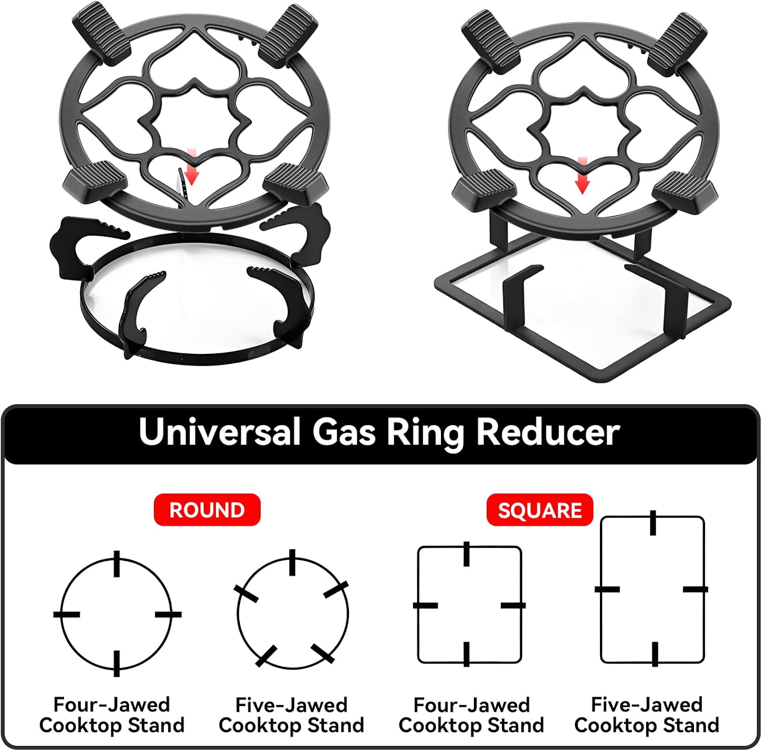 Gas Ring Reducer, Non Slip Iron Gas Stove Cooker Ring Reducer Fit for Gas Stovetop Espresso Maker, Coffee Moka Pot and Small Cookware (Non-Slip Heart Design)