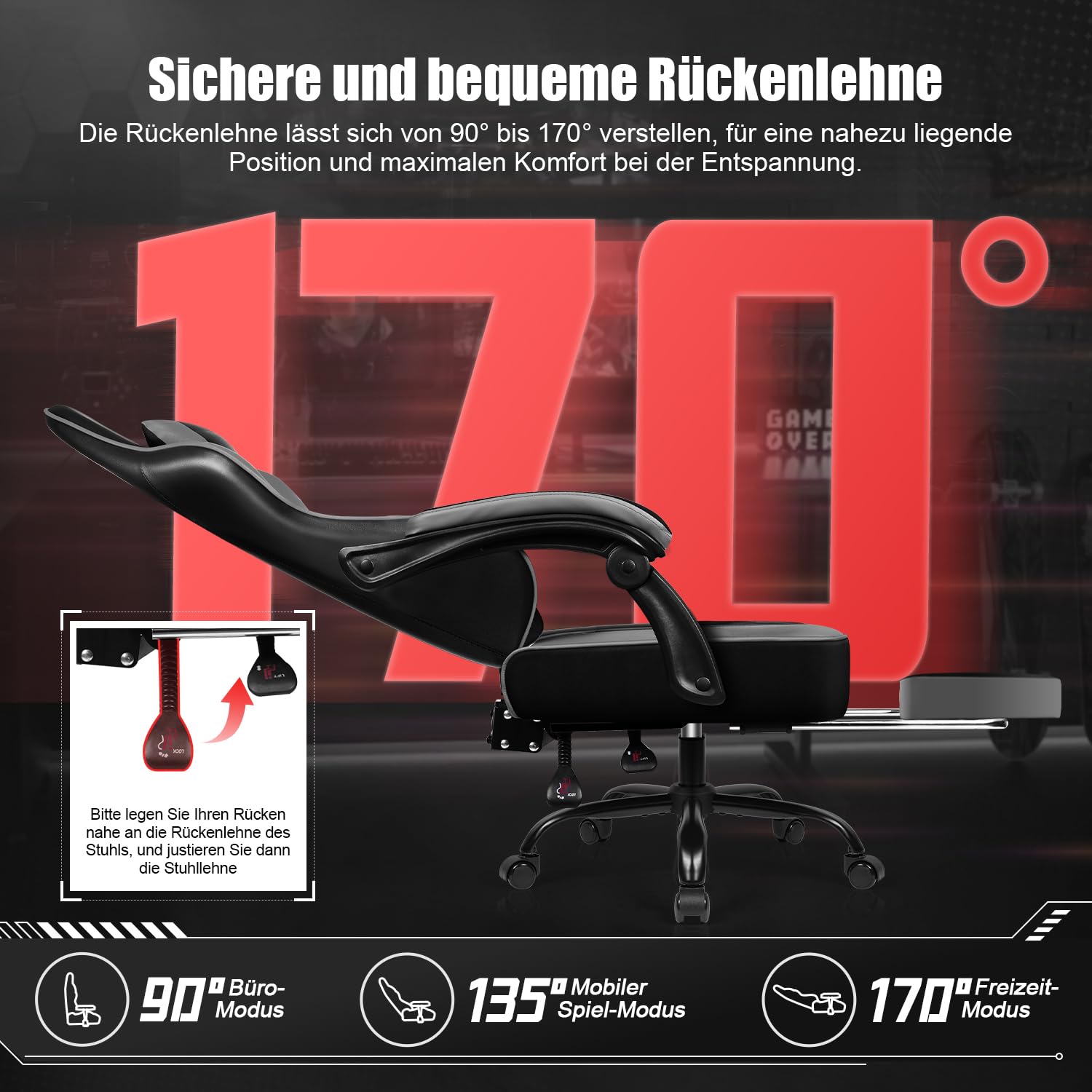 Gaming Stuhl Ergonomischer mit Fußstütze, Gaming Chair 150 kg Belastbarkeit, Gamer Stuhl aus Kunstleder, Höhenverstellbarer PC Zockerstuhl Bürostuhl für Jugendliche Erwachsene, Grau