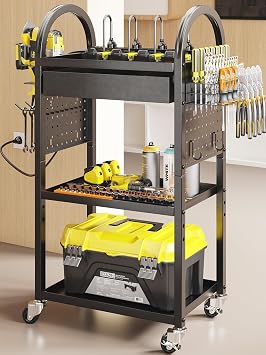 Warome Power Tool Organizer Cart with 8-Outlet Charging Station, Dual-Sided Drawer Tool Storage Rack on Wheels & Pegboard Accessaries, Utility Rolling Cart for Garage Workshop Organizers and Storage
