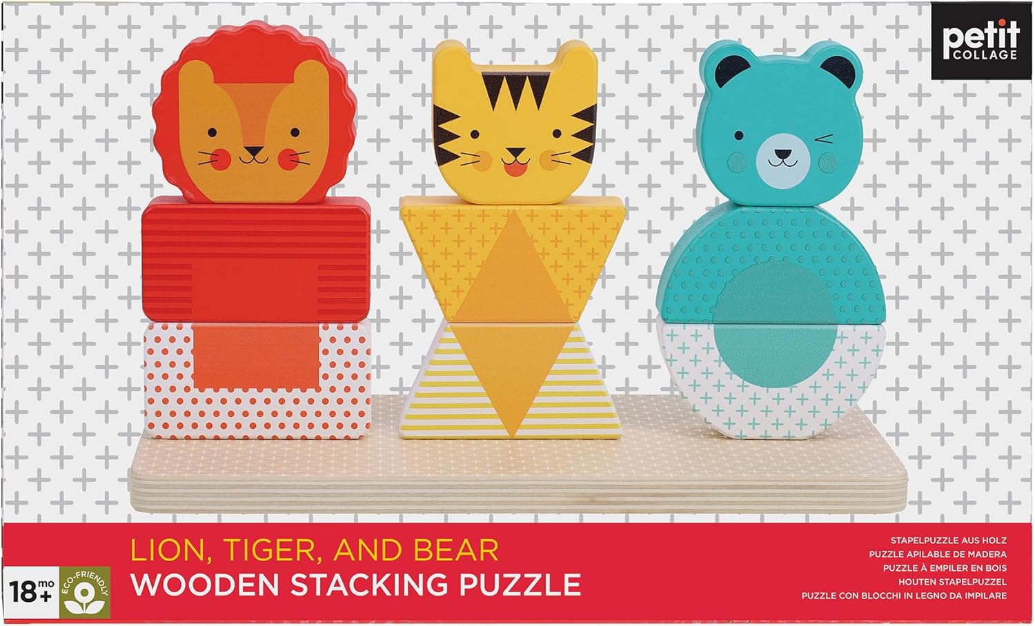 Petit Collage: Wooden Stacking Puzzle, Lion, Tiger, and Bear | Mix and Match Puzzle with 3 Stacks |Includes Guide Cards for Color and Shape Matching | Great for Ages 18 Months +