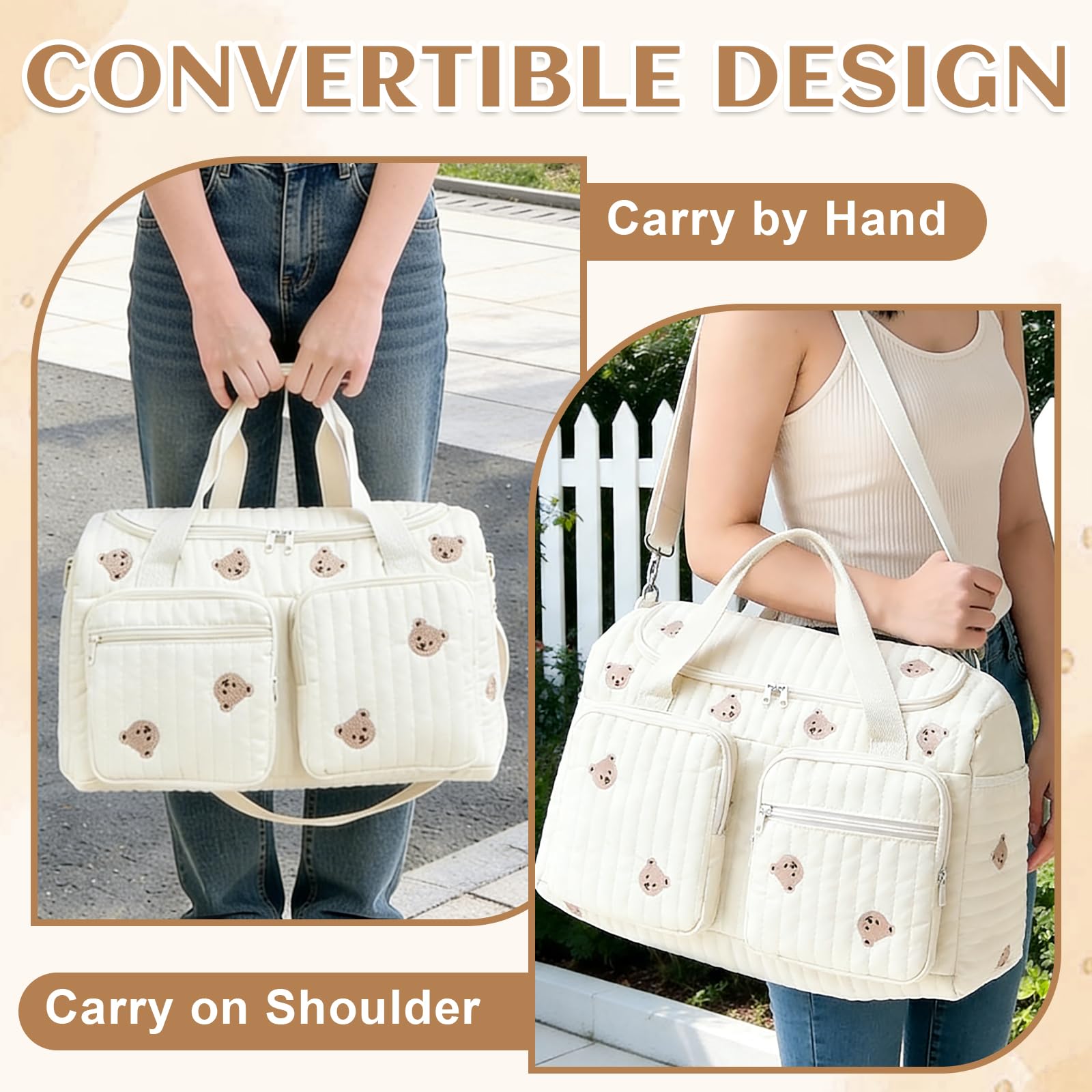 Jadyon Sac à langer matelassé, sac pour l'hôpital, sac de voyage mignon à motif ours pour femmes, sacs de week-end pour femmes, portable et léger, sac pour l'hôpital pour bébé à transporter