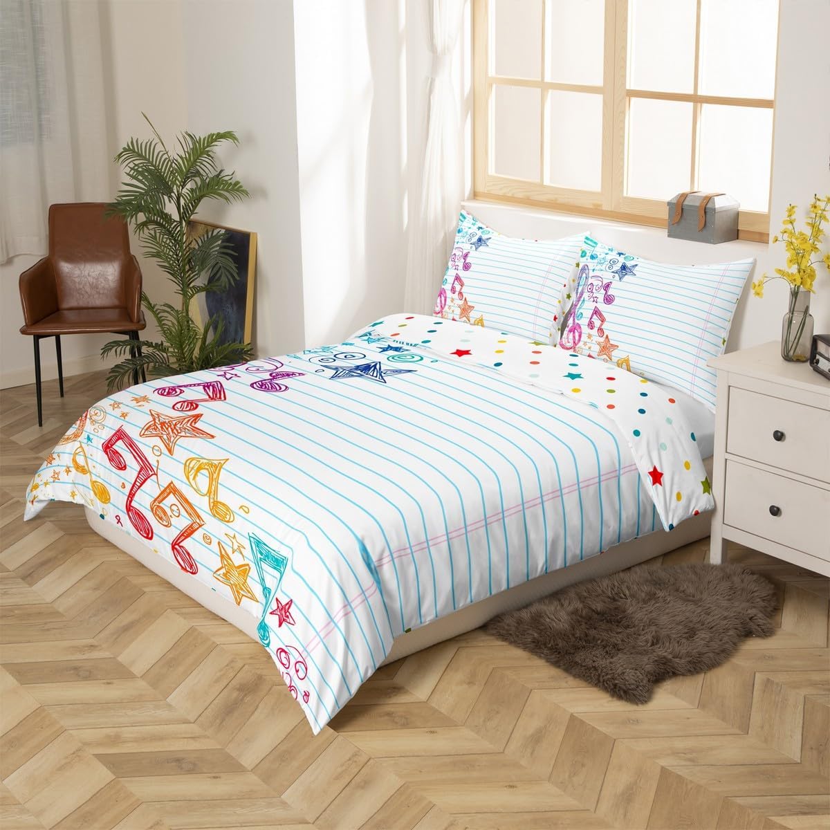 Musical Notes Duvet Cover Queen Size Music Theme Comforter Cover for Kids Boys Girls Teens Geometric Stripes Lines Bedding Set Stars Spiral Jazz Quilt Cover with Corner Ties Room Decoration image 5