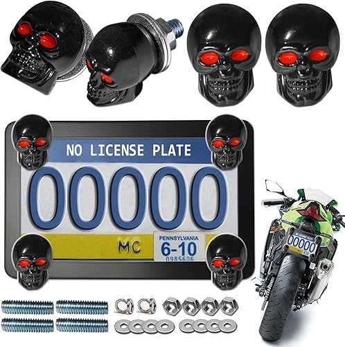 Marco de matrícula de motocicleta con tornillos y tuercas de calavera, tornillos y tuercas, soporte de placa de acero inoxidable negro para