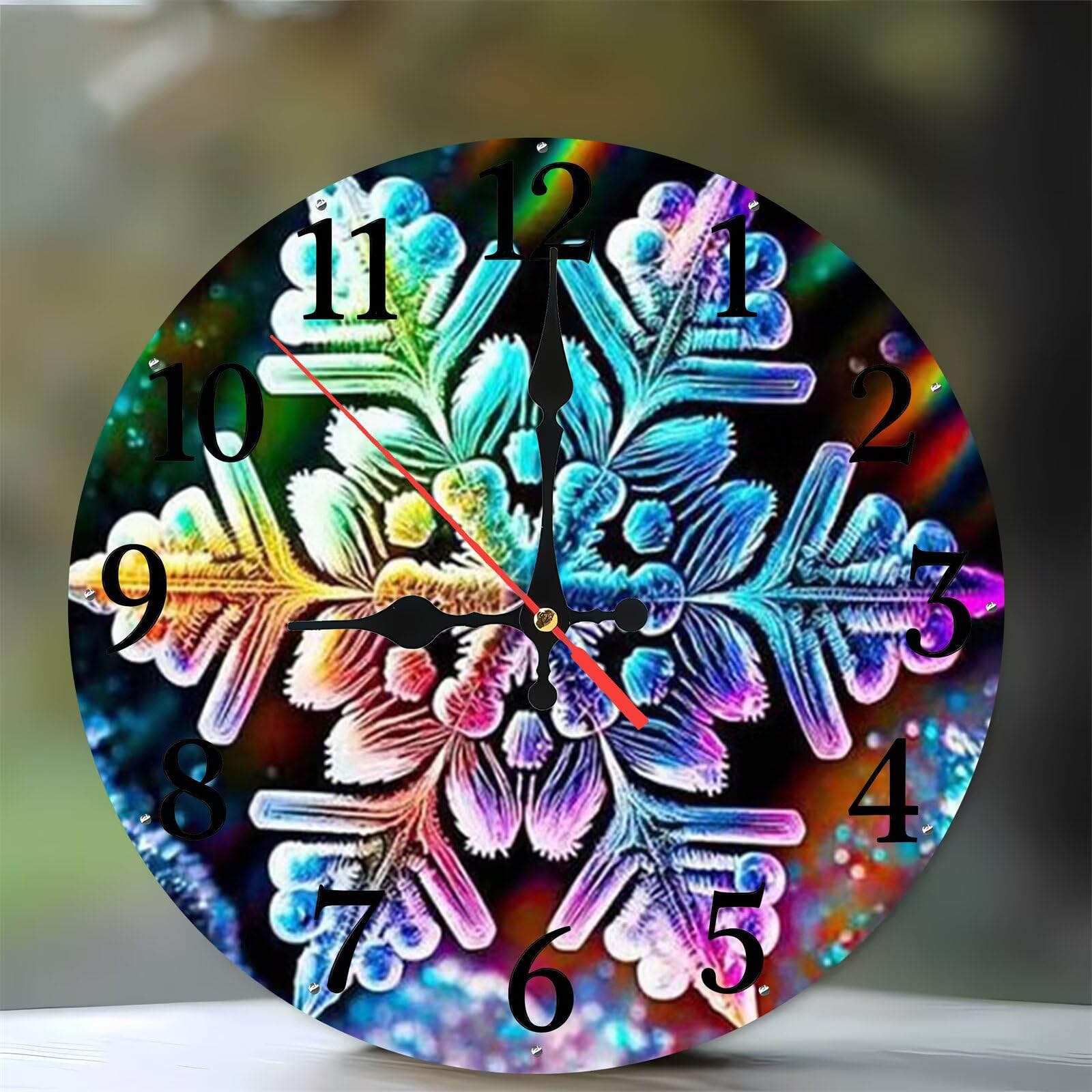 Horloge murale silencieuse en bois moderne de 35 cm motif flocons de neige colorés