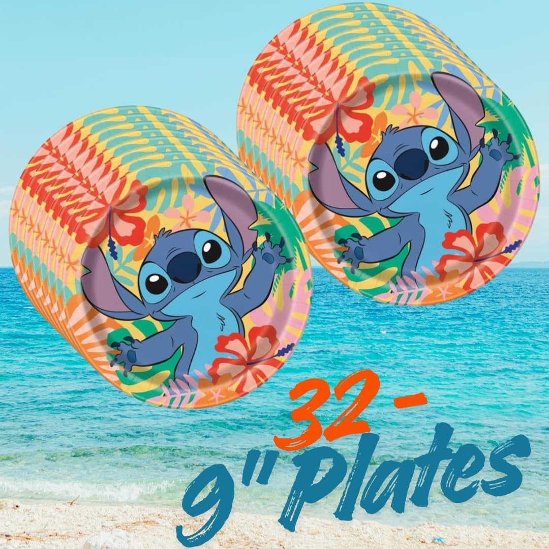 Lilo and Stitch Party Supplies Set for 32 Guests, Birthday Decorations with Plates, Napkins, Tablecovers, Banner, Confetti, Hawaiian Tropical Theme