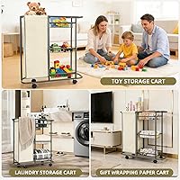 Vista 6 de Cesta de lavandería con 3 cestas de almacenamiento y bolsa de 45 L, carrito de lavandería resistente con ruedas y asa, ahorro de espacio