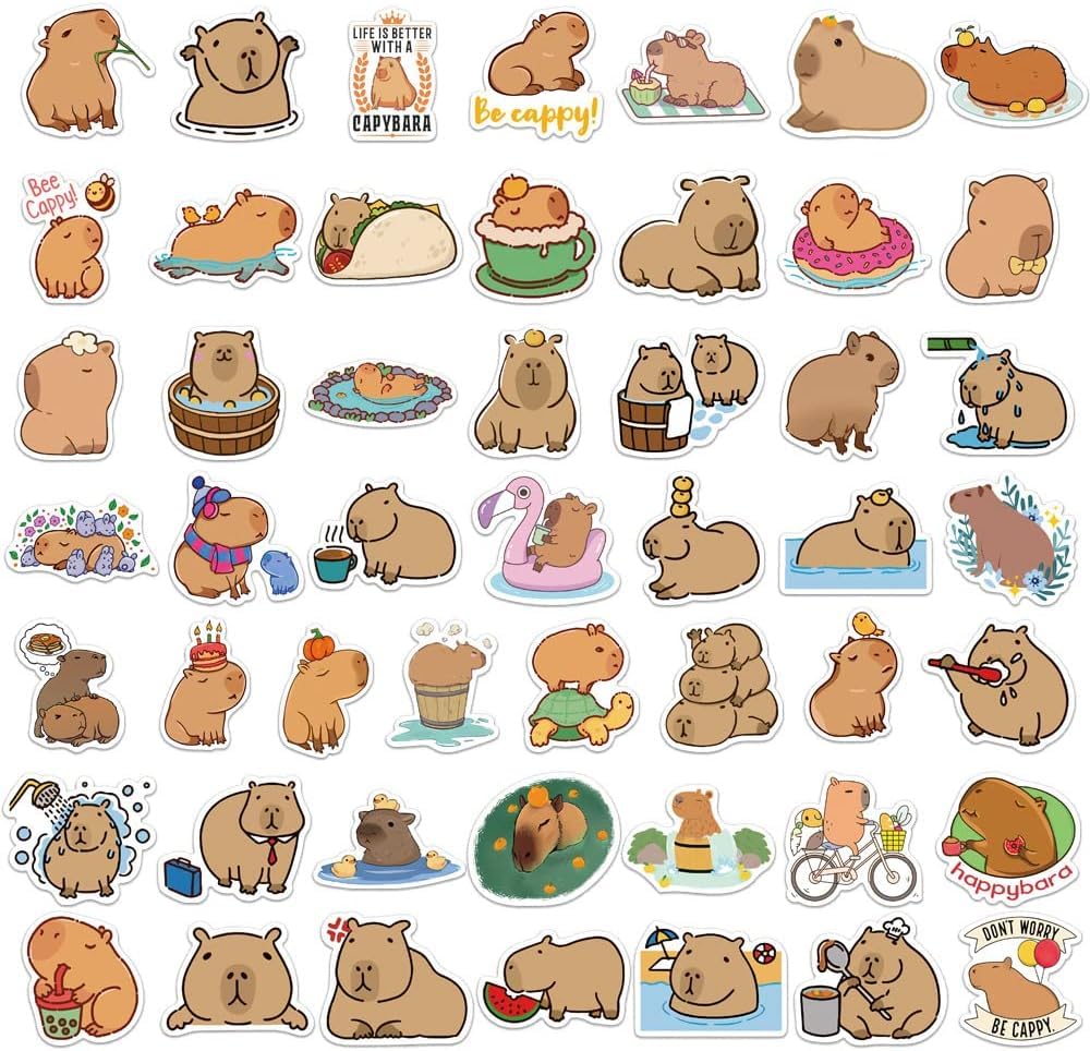 50PCS Cute Capybara Stickers, Waterproof Brown Capybara Vinyl Stickers, for Water Bottles Laptop Luggage, Mobile Phone Skateboard Decors