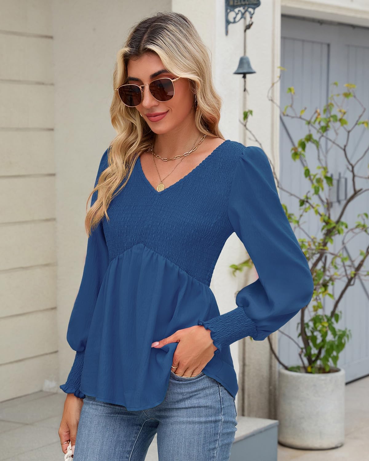 HEYTALALA Womens Long Sleeve Shirts V Neck Peplum Tops Dressy Casual Smocked Babydoll Blouses 2025 Fall Trendy Outfits - Image 5