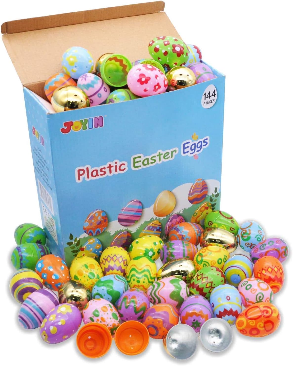 JOYIN 144 Pcs Plastic Printed Bright Easter Eggs plus Golden eggs 2.3" Tall for Easter Hunt, Basket Stuffers Fillers, Classroom Prize Supplies, Filling Treats and Party Favor