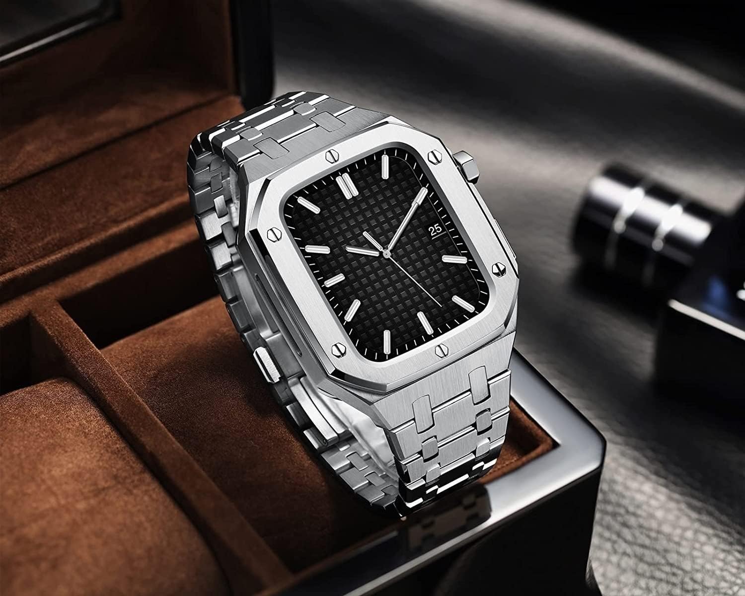 Luxury Stainless Steel Metal Watch Case and Band Mod Kit，For Apple Watch Series 9 8 7 6 SE 5 4，Steel Watch Strap Bezel，For IWatch 44mm 45mm DIY Royal Oak Retrofit