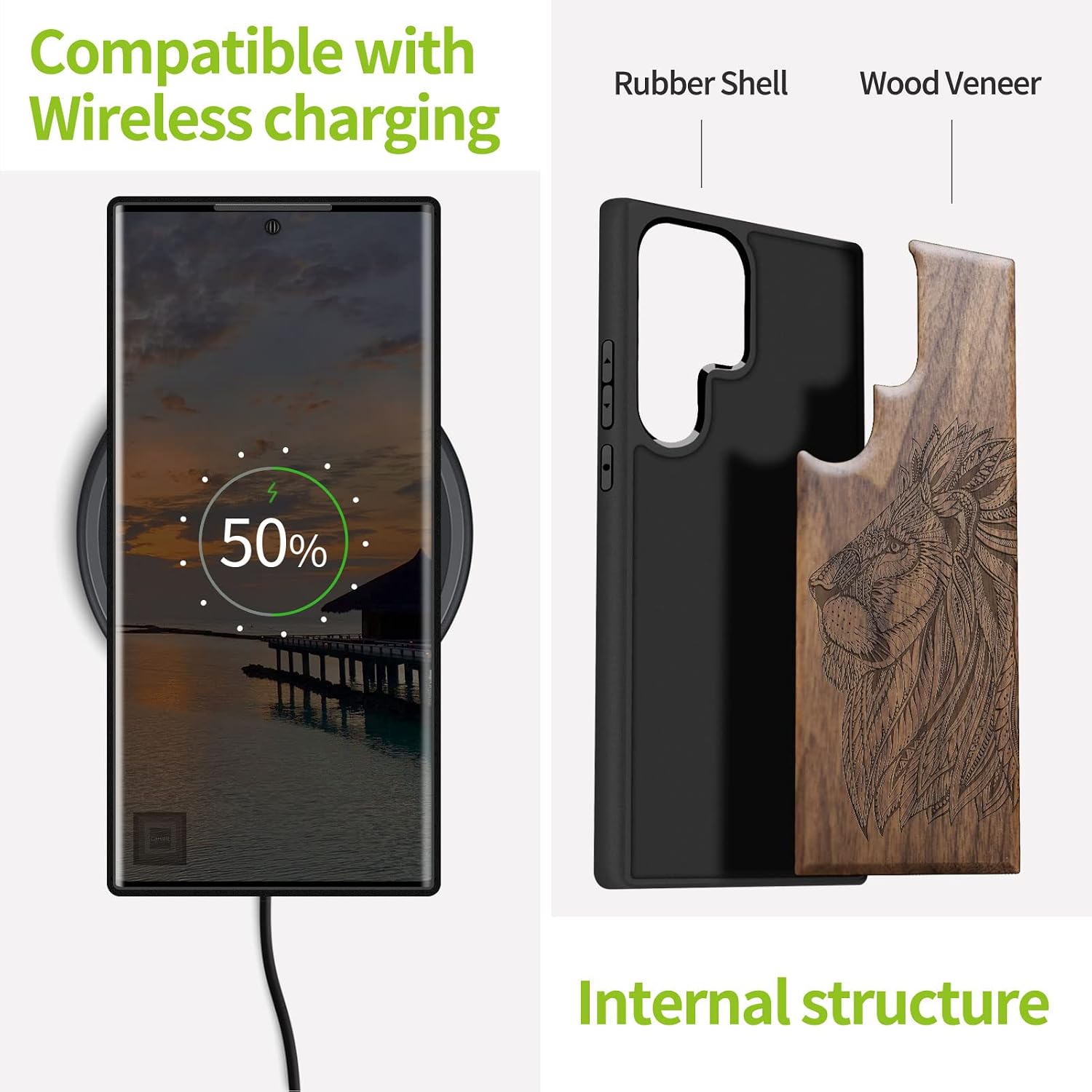 Carveit Wood Case for Galaxy S23 Ultra Case [Natural Wood & Black Soft TPU] Shockproof Protective Cover Unique Wooden Design Compatible with Samsung S23 Ultra (Hand Drawn of Lion-Walnut)