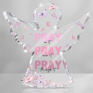 Pink Home Office Desk Accessories, Acrylic Memorial Gift, Dorm Room Decor for Women, Christian Gifts for Women, Remembrance Gifts, Pray Over It- Bible Verse Desk Art(Angel Style)