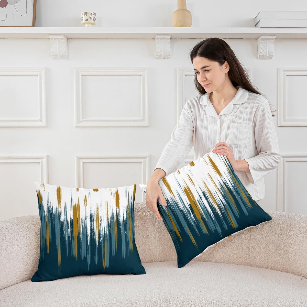 Teal White Yellow Throw Pillow Covers 18x18 Set of 2 Modern Oil Painting Abstract Cushion Cover Gradient Graffiti Chic Vintage Throw Pillow Case For Bed Couch Brush Strokes Oil Painting Home Decor image 2