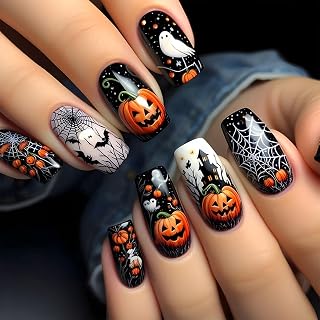 yefiuo Halloween Press on Nails Medium Fake Nails Press ons Square French Tip Pumpkin Ghost Castle Nail Art Kit Glue on Nails Black Acrylic Fasle Nails for Women Halloween Party Nail Supplies 24Pcs