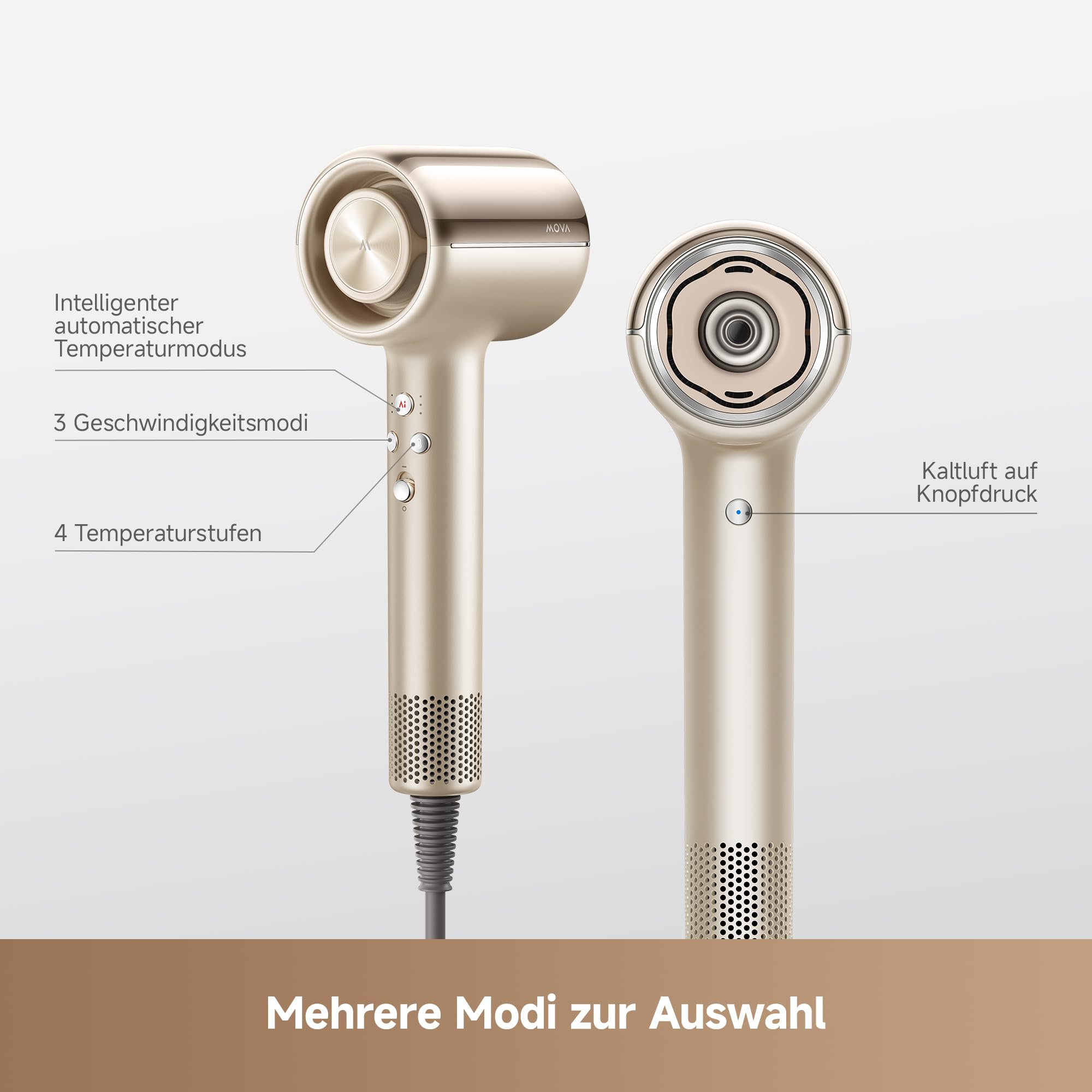 MOVA Shine 20 Föhn mit diffusor, Haartrockner, einer Modusanpassung an verschiedene Düsen, Fön, einem Hochgeschwindigkeitsmotor, Hair Dryer, Plasma-Haarpflege, NTC-Überwachung mit 1000 t/s, Gold