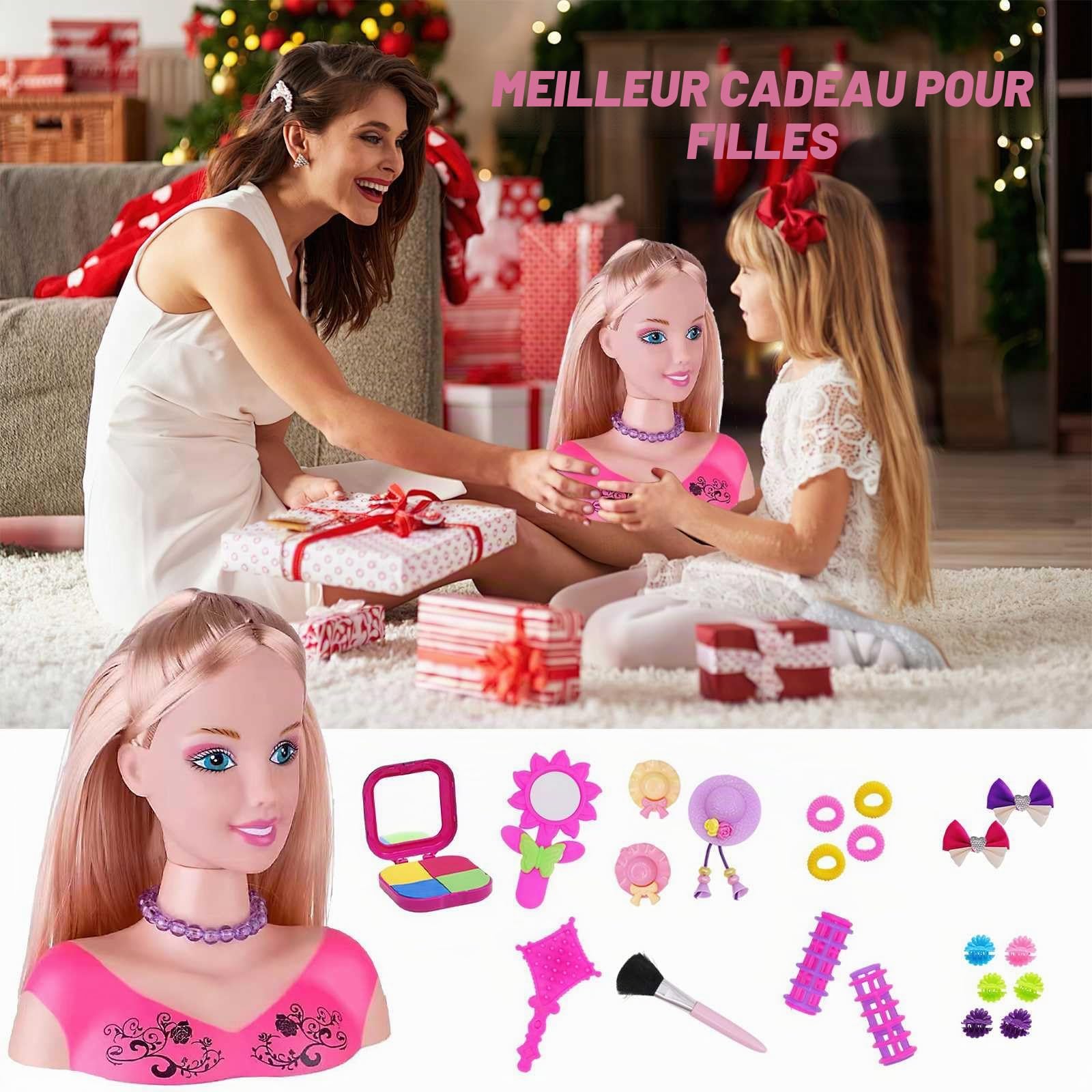 Eznaobo Tête de poupée de maquillage pour enfants avec 23 accessoires, tête de poupée pour enfants, maquillage et coiffure, ensemble de jouets pour filles de 3, 4, 5, 6 ans et plus (rouge)