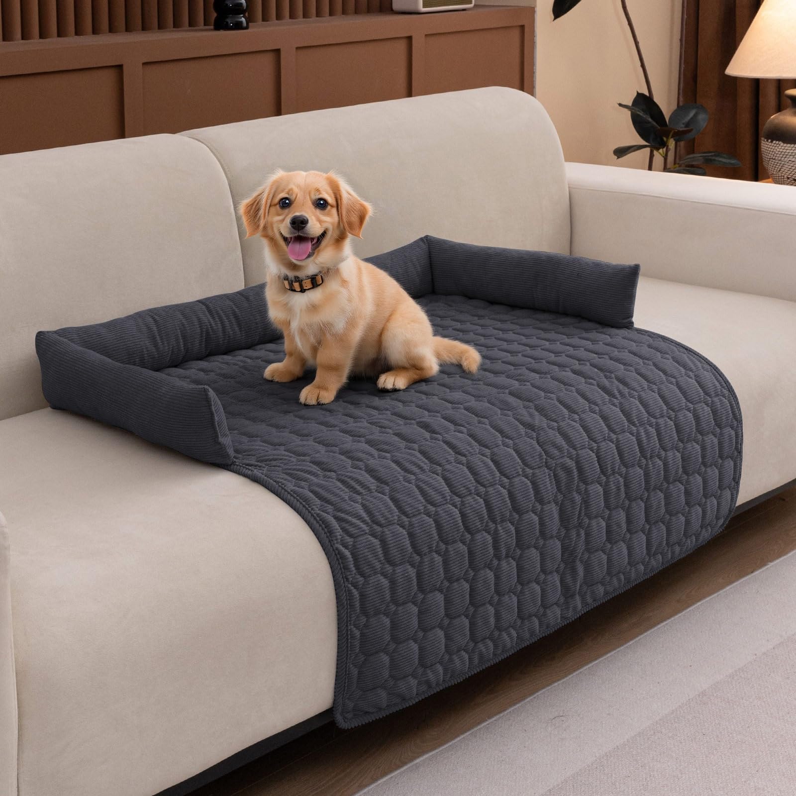 LiveGo Pet Couch Covers for Dogs, Plush Washable Furniture Protector for Dogs & Cats, Anti-Slip Dog Sofa Bed Mat, Soft Durable Pet Couch Protector, Cozy and Easy to Clean (Dark gray A, 90*90*12cm)