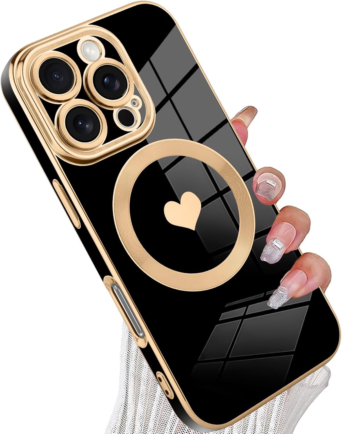 tharlet Magnetic for iPhone 16 Pro Case [Compatible with Magsafe] Cute Love Heart Luxury Plating Gold Edge Bumper Case with Full Camera Lens with Privacy Screen Protector, Black (6.3")