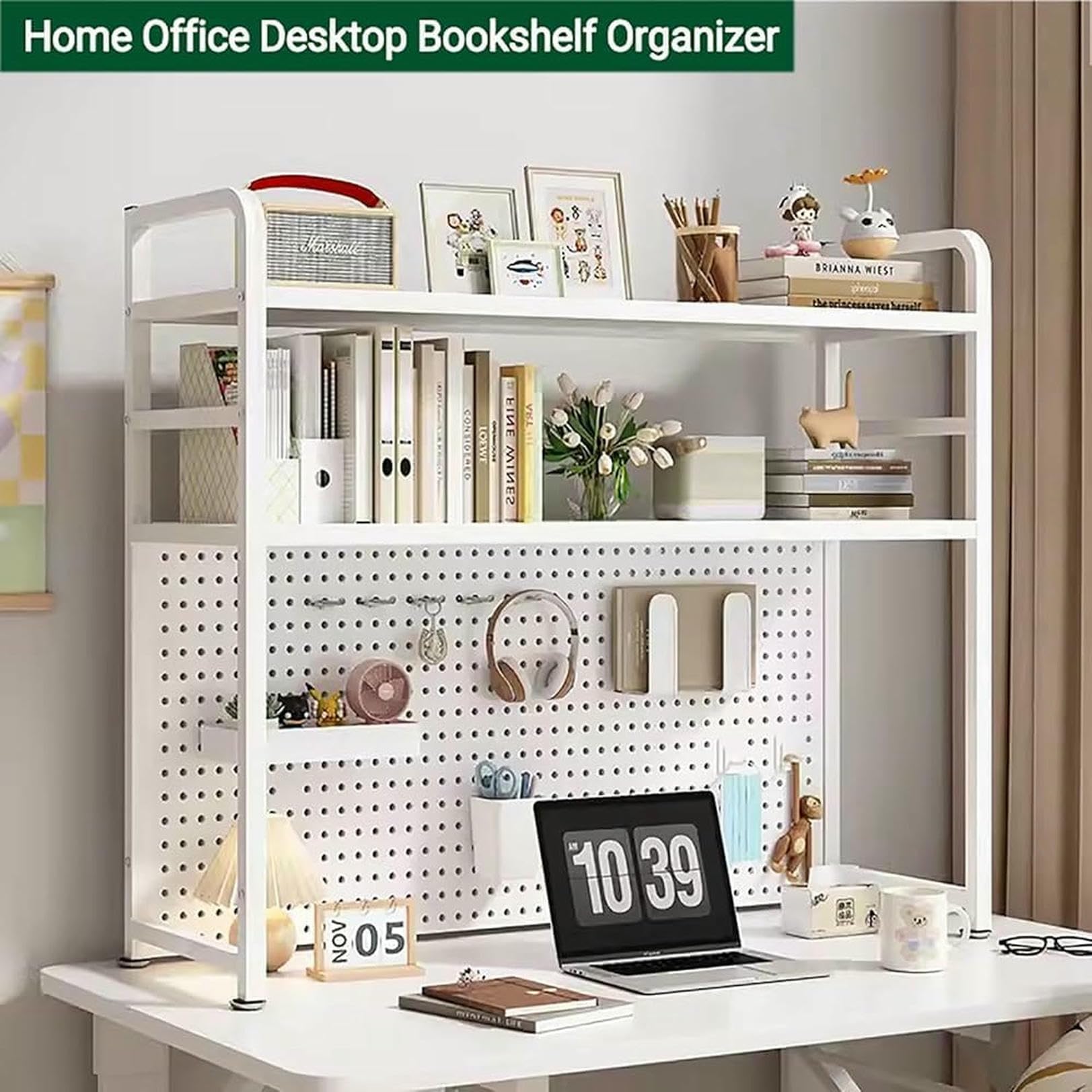 Scaffale da scrivania in metallo per tavoli da computer, scaffale per presentazioni a 2/3 livelli con pannello forato, libreria da ufficio per una soluzione efficiente di archiviazione dello spazio di