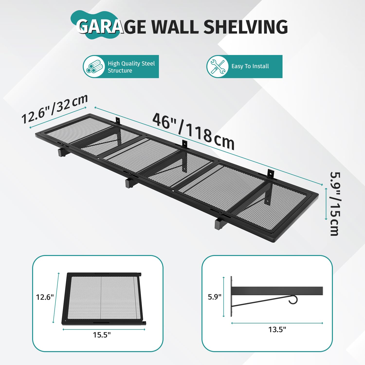 Scaffalatura da parete per garage, 116 x 32,6 cm, mensola per garage da parete, resistente, capacità 81,6 kg, scaffale galleggiante con 4 ganci, organizer in metallo nero per cantina, officina