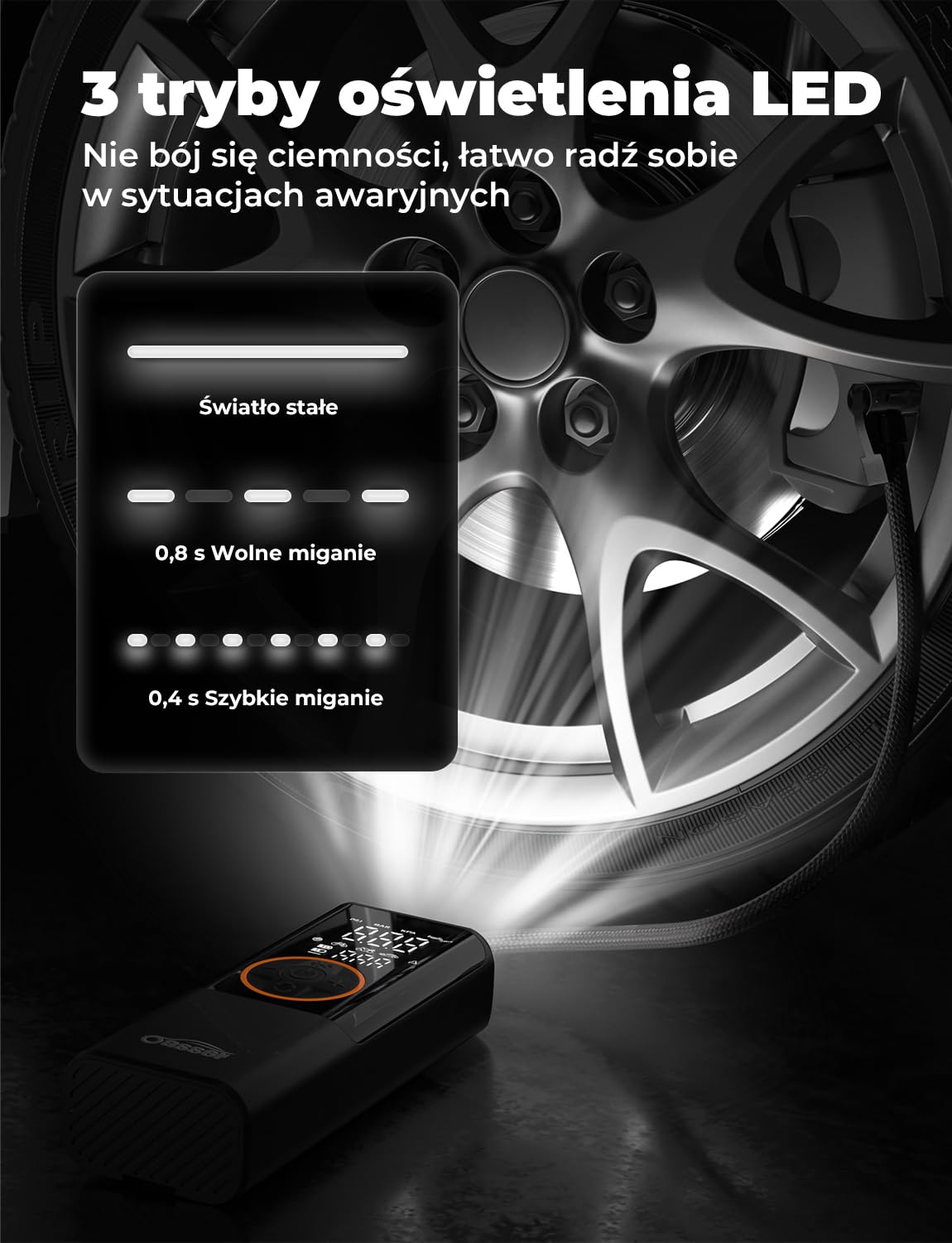 Oasser Przenośna Pompa 6000mAh z Podwójnym Wyświetlaczem Preset Pressure AutoStop 150PSI Do Opony/Rower/Motocykl 3M Kabel do Zapalniczki i Torba