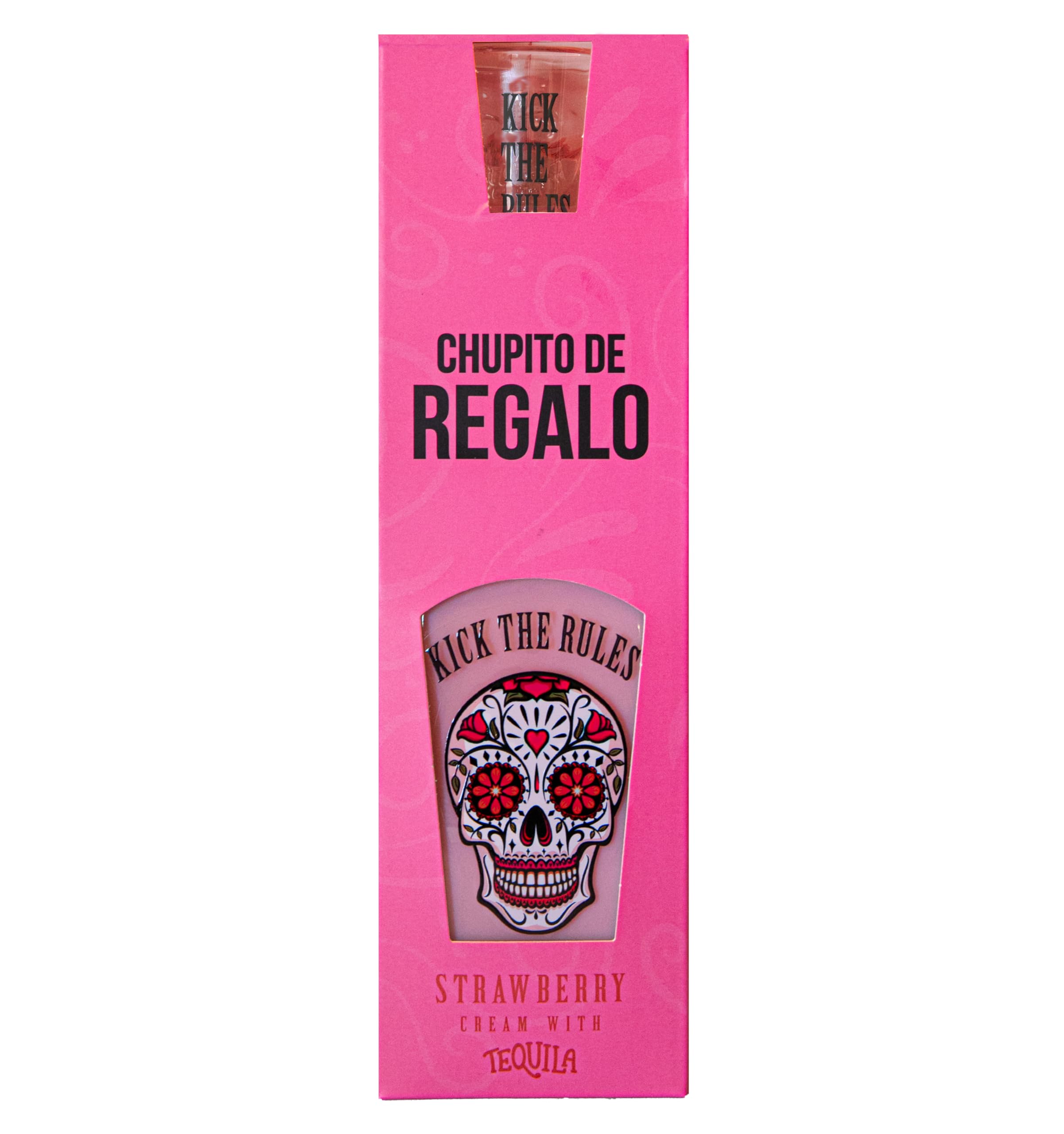 KICK THE RULES - PACK CREMA DE FRESA CON TEQUILA CON CHUPITO CALAVERA PREMIUM DE REGALO - BOTELLA DE 700mL - ESTUCHE DE REGALO
