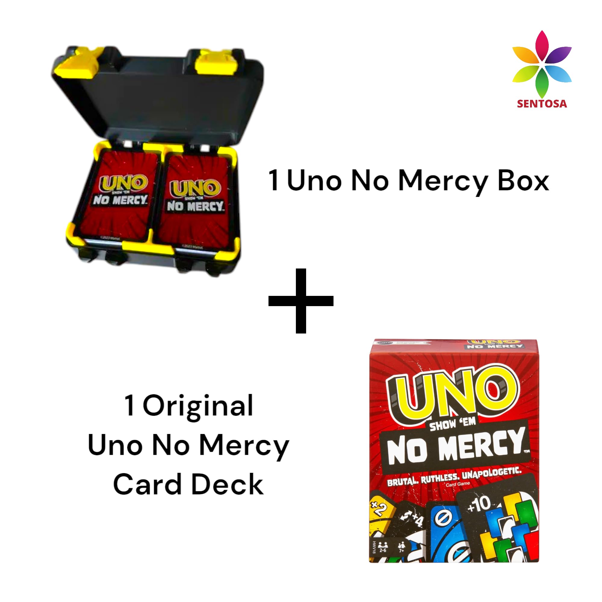 Sentosa Plastic Uno No Mercy Card Game Storage Box with Snap On Locks, Inner Tray, Includes Original Card Deck, Multicolor, Durable 1