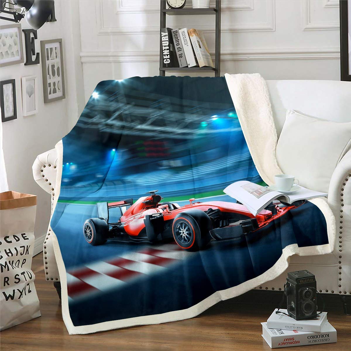 Car Sherpa Blanket Race Car Fleece Throw Blanket for Kids Teen Boys Cool Extreme Sports Theme Plush Blanket Luxury Red Automobile Style Fuzzy Blanket for Sofa Bed Couch,Single 50x60 Inch — image 1